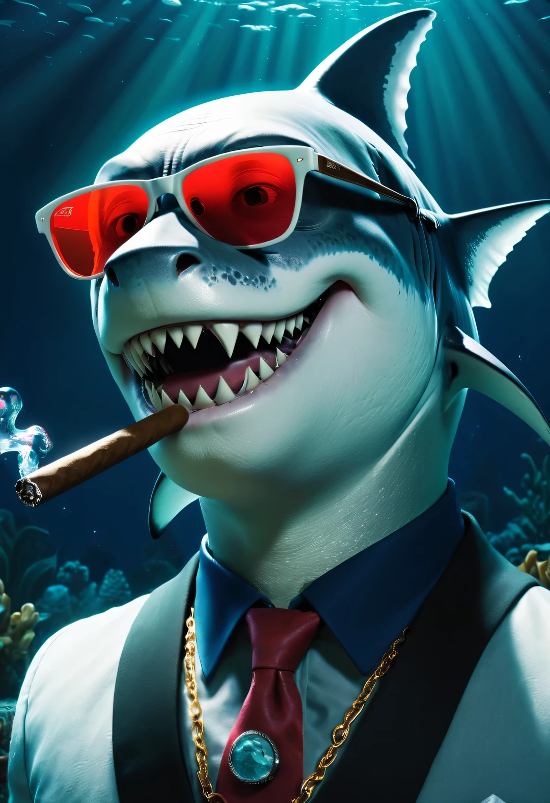 （character idea），Very unified CG design，（The leader of the Jaws gang in Reno wears sunglasses，Smoking a cigar.），（side of body），inspired by animation《shark story》，The Reno great white shark is a giant、majestic great white shark，Wearing a red gemstone necklace and gold sunglasses，His skin is dark blue，Covered with white scars，His eyes are cold silver，Shining with cunning and wisdom, His teeth are very sharp，The tail is thick and powerful，background：Underwater Fairy Tale Office、bank office ，gas coming out of water，bubble，Anthropomorphic cartoon、Pixar、cartoon、disney、