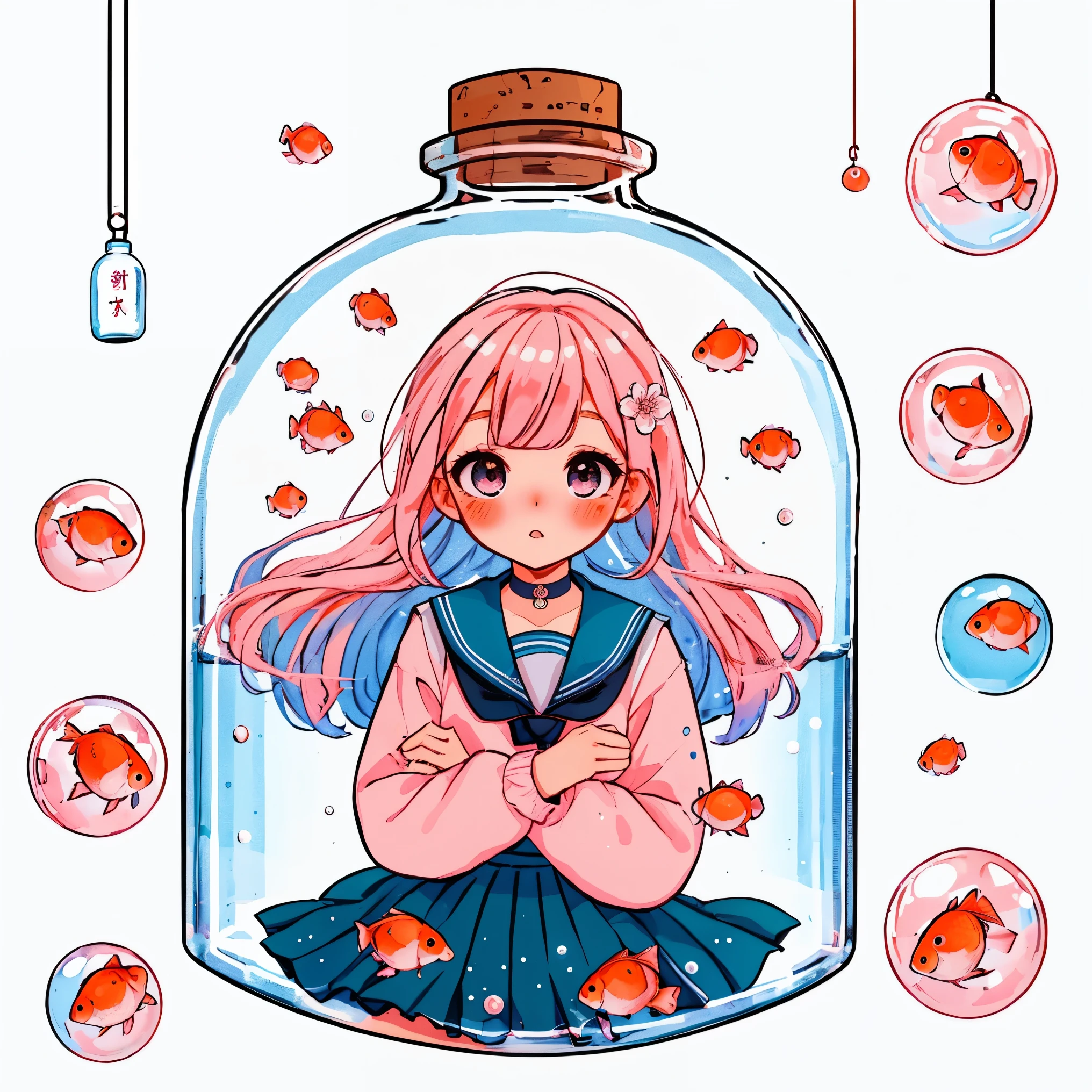 1girl, solo, girl in a bottle, bottle, in container, white background, bubble, hair ornament, school uniform, fish, looking at viewer, blush, jar, long hair, flower, hair flower, goldfish, sailor collar, pink hair, simple background, serafuku, long sleeves, bangs, skirt, parted lips, choker, black skirt