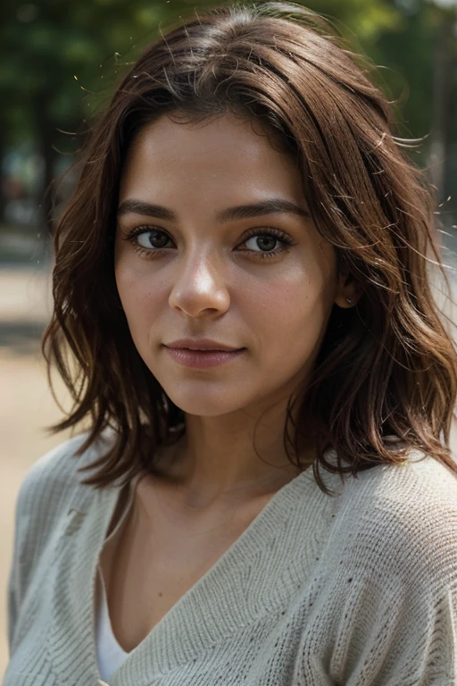 Pode mandar mais fotos Create a realistic illustration in 8K d&#39;une femme latino d&#39;around 30 years old dressed warmly. Elle a des cheveux bruns, slightly wavy, tombant librement autour de son visage. Son regard est naturel et captivant, staring directly into the camera with a warm expression. . Assurez-vous que l&#39;image does not look like a fake photo, but rather to an authentic capture of&#39;un moment, 