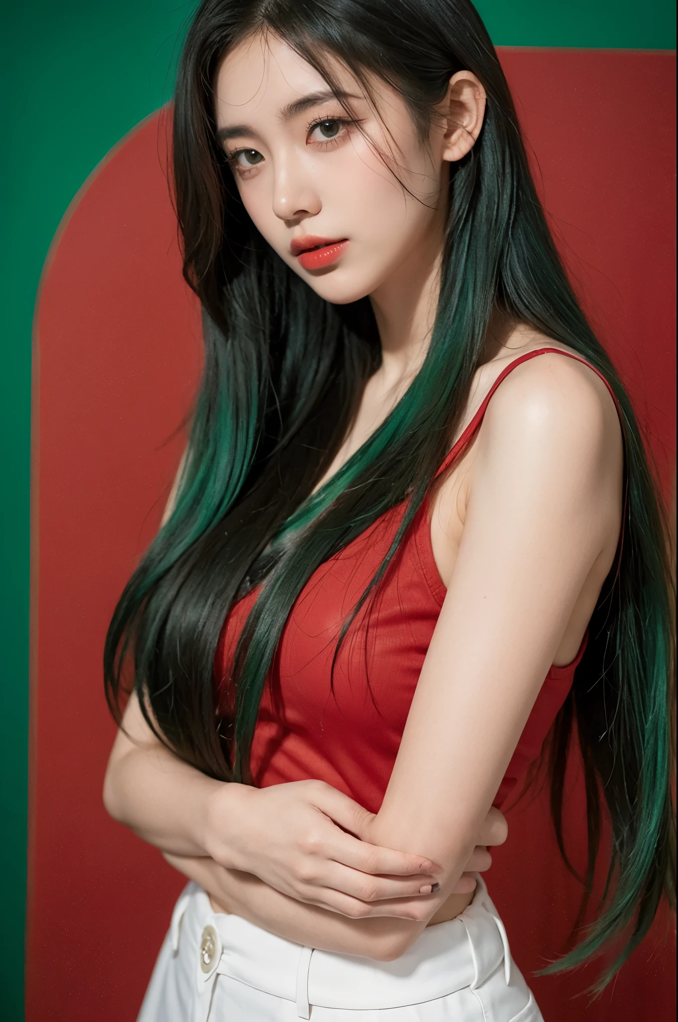 21 year old girl, green hair, red background,