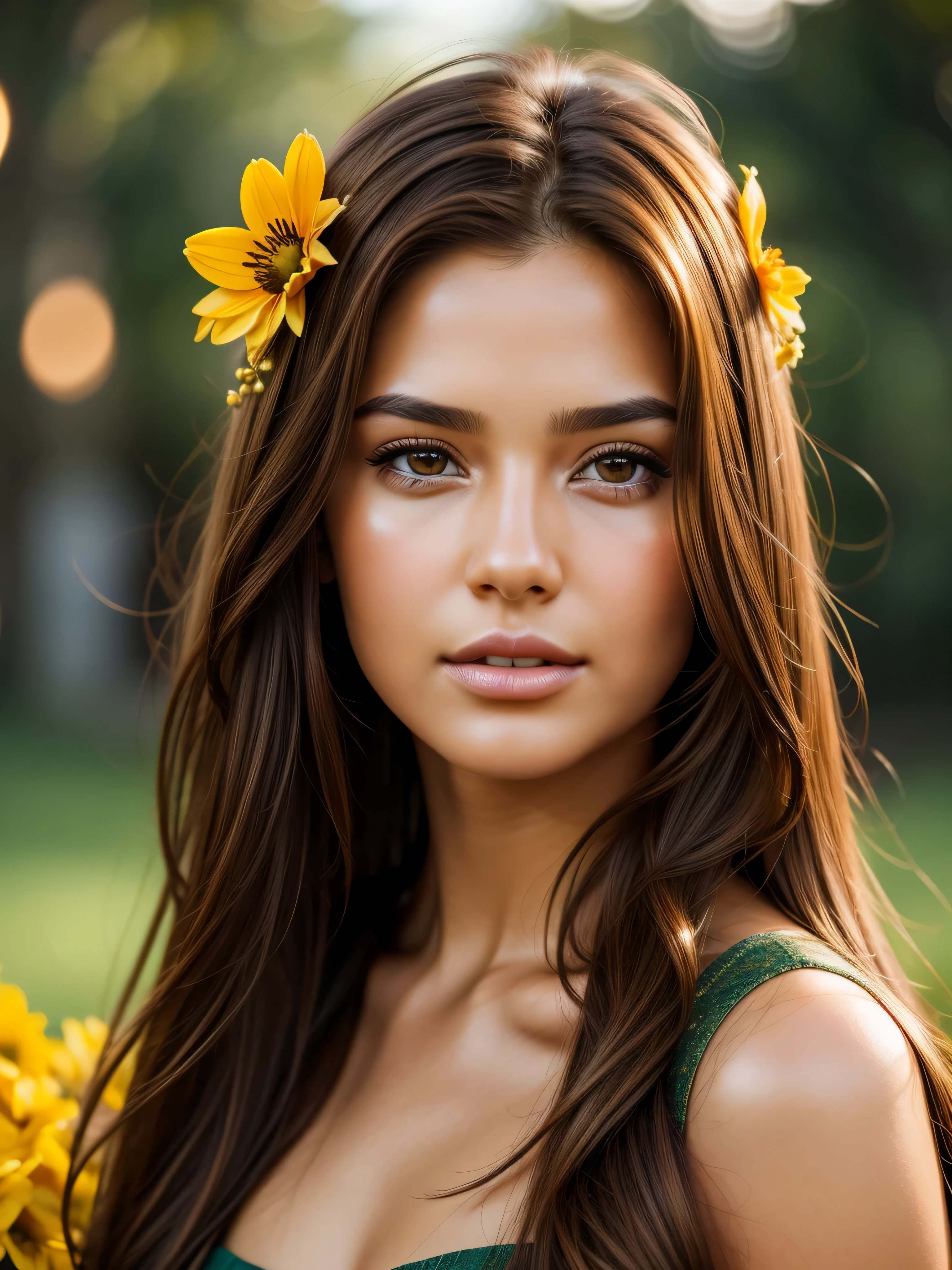 beautiful face brown hair brown eyes female portrait long hair golden flower sensual gaze realistic skin texture 8k photo realistic background blurred bokeh