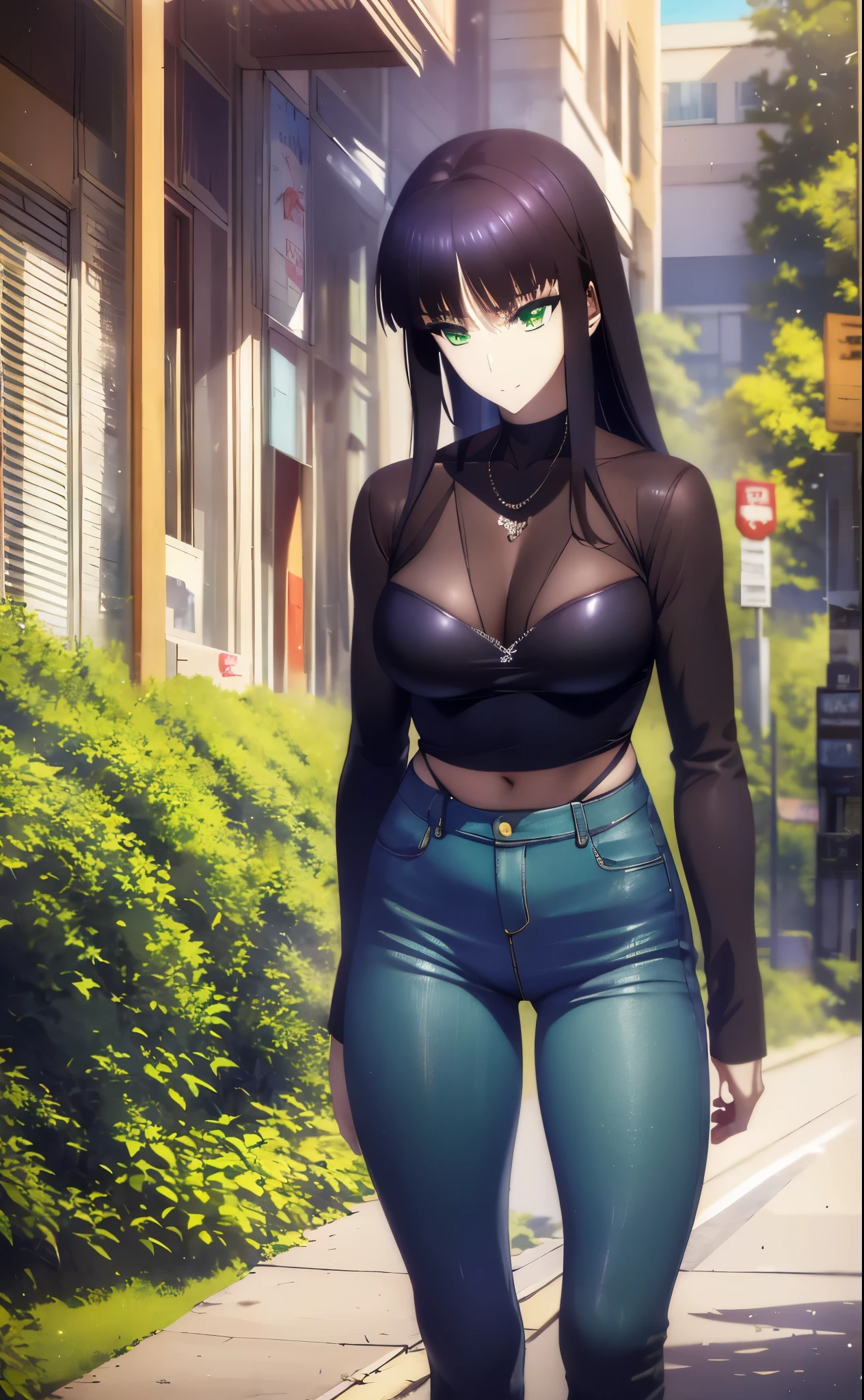 黒のトップとブルー jeansを着て歩道を歩くanime girl, Forest cityscape behind her, anime moe art style, Created at Anime Artist Studio, anime style. 8K, Try generating a girl wearing a coat,HDR, Super detailedなイラスト, highly detailed face, RAW photo, film grain, Are standing,connect UHD and 8K, 長い赤紫髪と緑の目をしたanime girl,anime moe art style, 若いanime girlの接写, Smooth anime CG art,beautiful anime high school girl, anime moe art style, surreal high school girl, Seductive anime girl, anime girl, 魅力的なanime girl, surreal high school girl, anime girl,8K UHD, High resolution,Very detailed CG, high quality shadows, Detail beautiful delicate face, ディテール美しいdelicate eyes,BREAK is(Highly detailed 8K wallpaper),(Highly detailed CG 8K wallpaper),Makima-san (chainsaw man),Scathach (fate/grand order),Reika Shimohira ,high resolution,Very delicate and beautiful CG illustration,highest quality,realistic skin feel,realistic fabric,realistic texture,(((muste piece))), (((best quality))),8K,At 32K,masterpiece,beautiful attractive anime woman,Super fine,Super detailed,High resolution,surreal high school girl,master piece, best quality, high quality, High freshness, high quality texture, high quality shadow, high detail,fine details,1 girl,high school student,solo,Soio,Only one person,Alone,There is only one person,That kind of thing,Adult-like atmosphere,beautiful long legs,beautiful breasts,beautiful thighs,toned legs,Beautiful leg lines,thin waist,mature body girl,reddish purple hair,reddish purple hair,purple hair,cassis colored hair,silky smooth hair,colorful hair,straight hair,shy smile,A happy smiling face,lively look,cute smile,cool beauty,Beautiful woman,handsome face, beautiful realism,temptation expression,bewitching face,calm expression,beautiful hair,smile,colorful eyes,green eyes,jade eyes,beautiful eyes,bright eyes,delicate eyes,jewel-like eyes,jade eyes,bulging eyes,(green eyes:1.5),captivating face,8 head body,height:171cm,彼女は首にnecklace身に着けています,necklace,beaded necklace,magatama accessories,smile,colorful eyes,green eyes,jade eyes,beautiful eyes,bright eyes,delicate eyes,jewel-like eyes,jade eyes,bulging eyes,(green eyes:1.5),captivating face,model photos,, Tachi-e, high detail, modern art, romanticism, Realism, hyper realism, cinematic lighting, ray trace, Fuji color, bust shot, 8K, super detail, curate, best quality, 16 km race,outdoor,bustling street,black turtleneck,blue pants,jeans,blouson,private server,winter,stroll,walking,cowboy shot,orange color winter jackets,blue sky