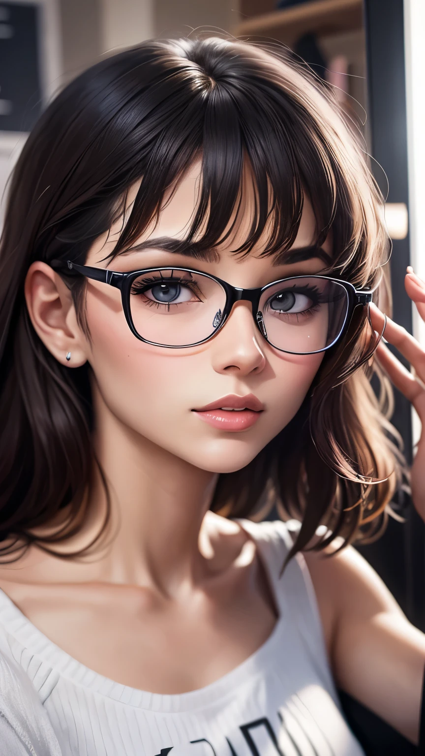 Very beautiful woman aged 20 to 25, very realistic face, brunette with glasses, green eyes with a very charming look.