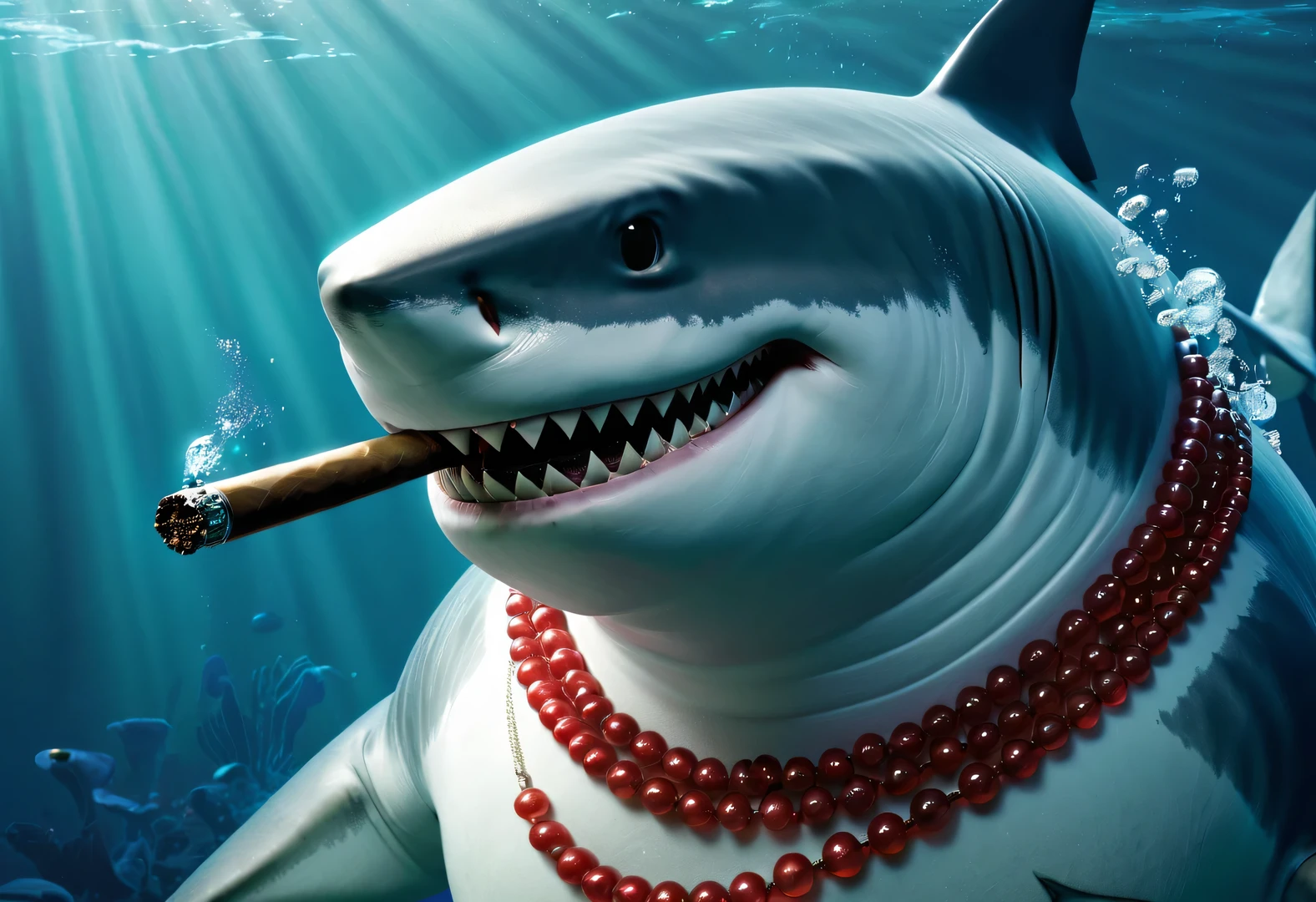 （character idea），Very unified CG design，（The leader of the Jaws gang in Reno wears sunglasses，Smoking a cigar.），（side of body），inspired by animation《shark story》，The Reno great white shark is a giant、majestic great white shark，Wearing a red gemstone necklace and gold sunglasses，His skin is dark blue，Covered with white scars，His eyes are cold silver，Shining with cunning and wisdom, His teeth are very sharp，The tail is thick and powerful，background：Underwater Fairy Tale Office、bank office ，gas coming out of water，bubble，Anthropomorphic cartoon、Pixar、cartoon、disney、