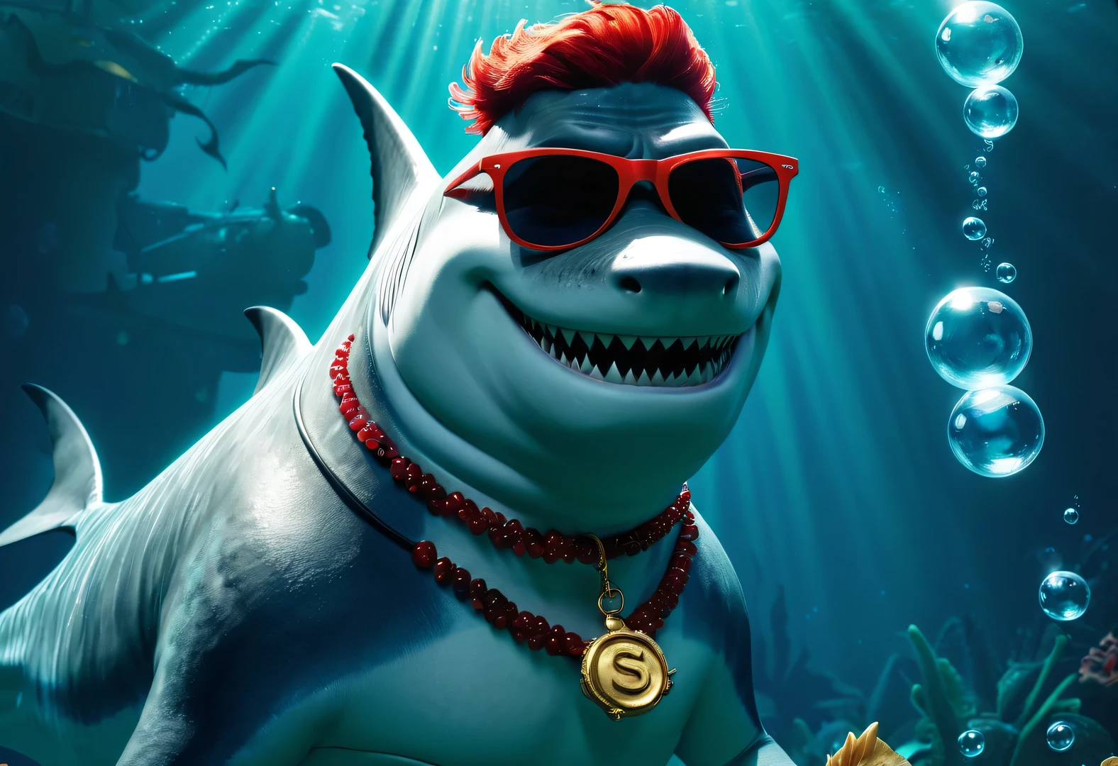 （character idea），Very unified CG design，（The leader of the Jaws gang in Reno wears sunglasses，Smoking a cigar.），（side of body），inspired by animation《shark story》，The Reno great white shark is a giant、majestic great white shark，Wearing a red gemstone necklace and gold sunglasses，His skin is dark blue，Covered with white scars，His eyes are cold silver，Shining with cunning and wisdom, His teeth are very sharp，The tail is thick and powerful，background：Underwater Fairy Tale Office、bank office ，gas coming out of water，bubble，Anthropomorphic cartoon、Pixar、cartoon、disney、