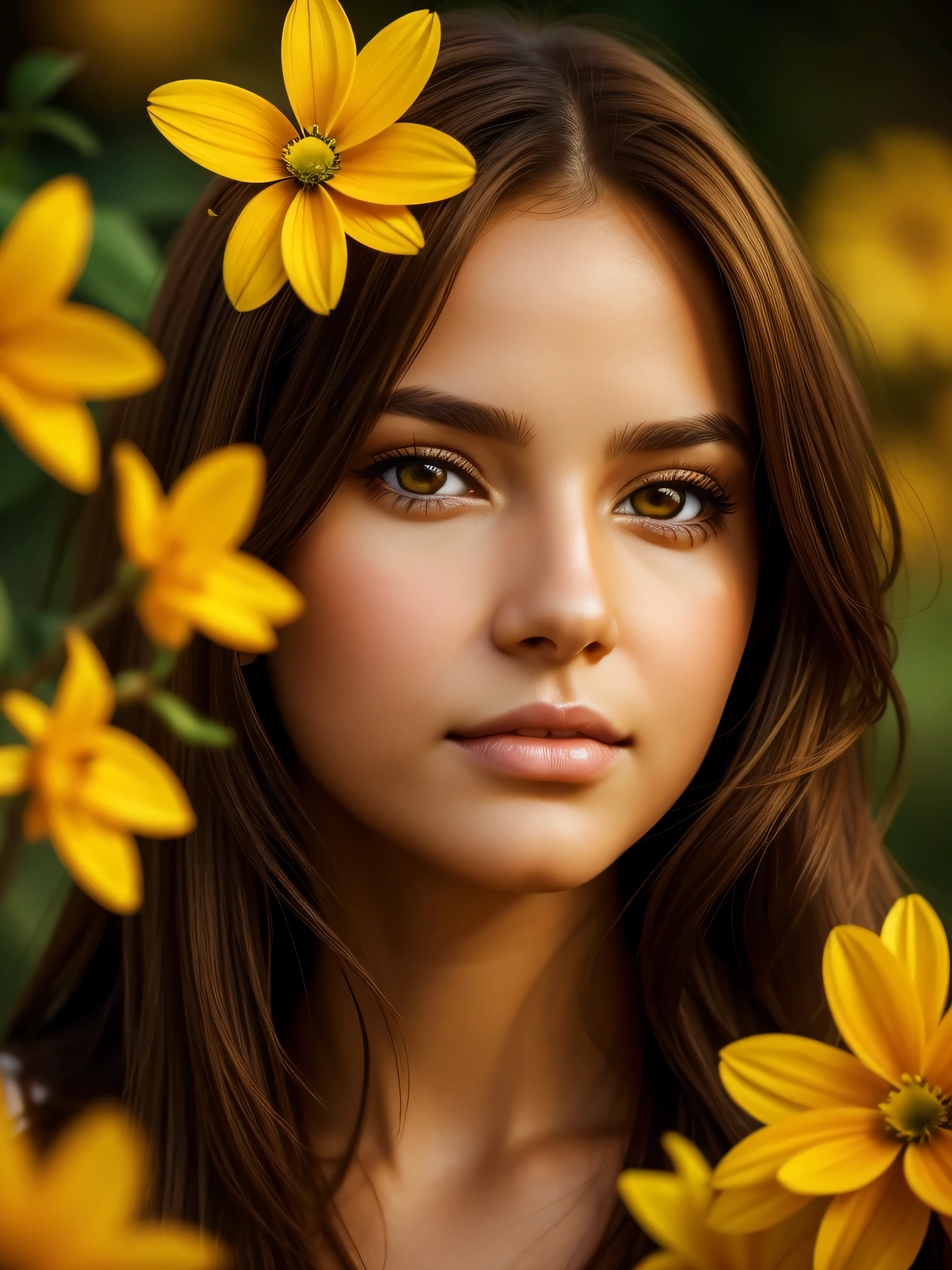 beautiful face brown hair brown eyes female portrait long hair golden flower sensual gaze realistic skin texture 8k photo realistic background blurred bokeh