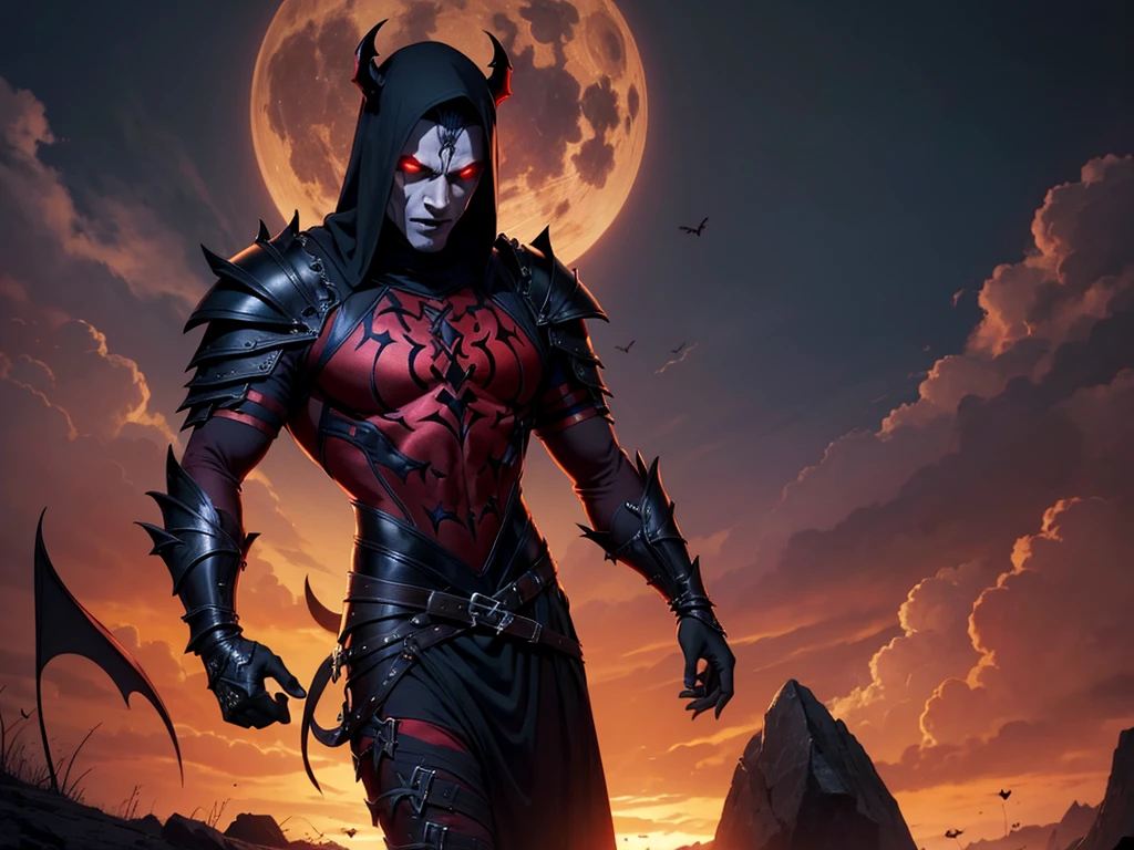 Humano, masculino, mago, demon, Vampiro, goth clothing, ruiva, Own, gothic armor, 8k, entardecer, fluttering cover, capuz, manto, Symbols, preto e vermelho.