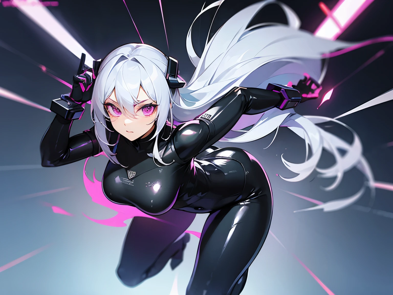 rubber suit　lively　sexy　cyber punk　gray hair　pink eyes　butt　long hair