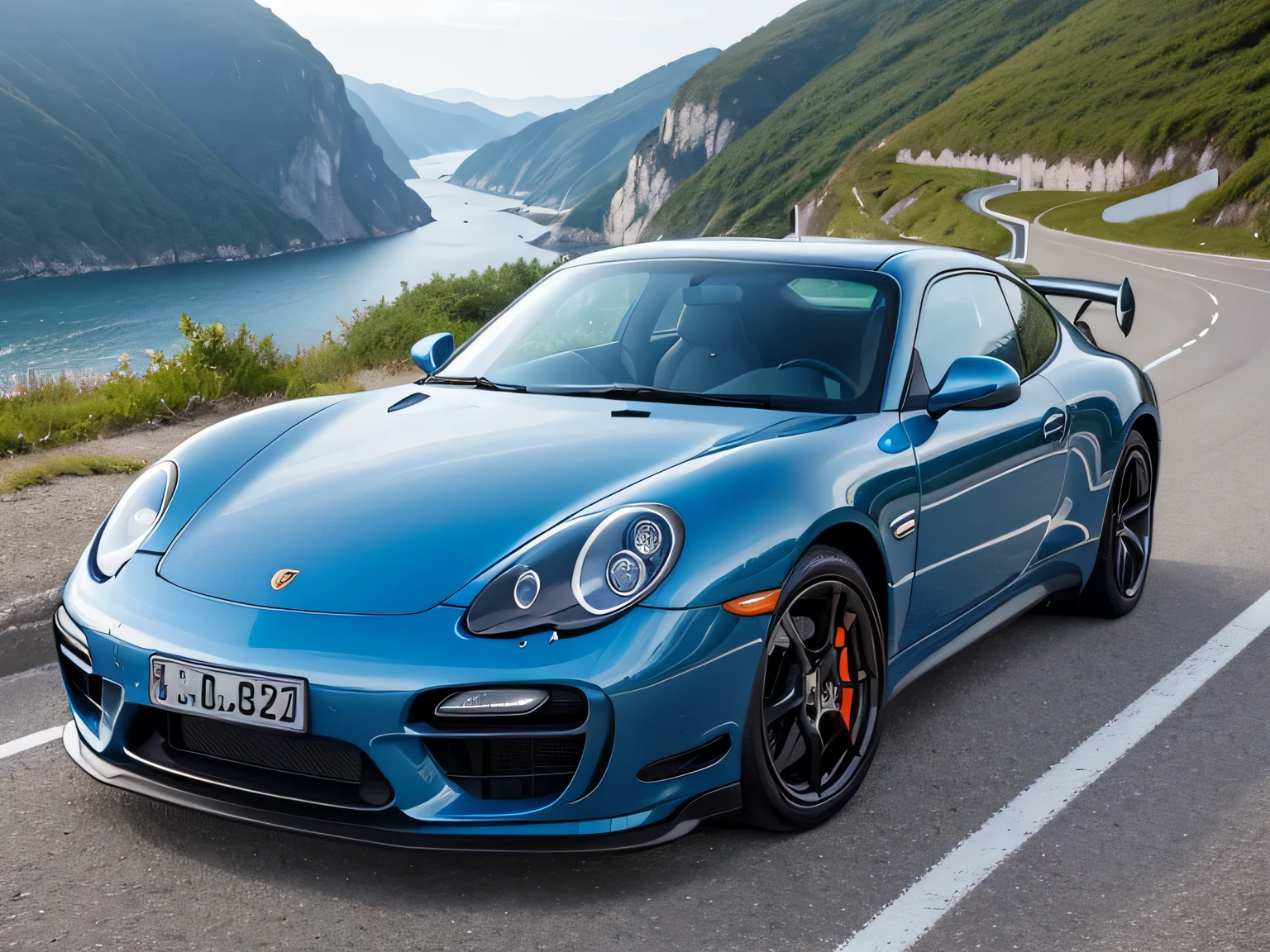 ultra high resolution、super high quality、8K、Wonderful expression with attention to detail、early summer coastline、A blue sports car stopped at a mountain pass.Porsche 928 turbo