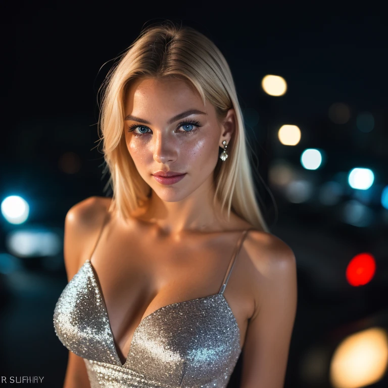 (selfie, top view: 1.4), (straight half of the body: 1.4), RAW UHD portrait photo of a 25-year-old blonde walking down a dark alley, perky medium sized enhanced firm breasts breasts,, city at night, (dress), (neckline), details (textures! , hair! , glitter, color!! , disadvantages: 1.1), glossy eyes with high detail (looking at the camera), SLR lighting, SLR camera, ultra-quality, sharpness, depth of field, film grain (center), Fujifilm XT3, crystal clear, frame center, beautiful face, sharp focus, street lamp, neon lighting, bokeh (dimly lit), night, (night sky), detailed skin pores, oily skin, sunburn, complex eye details, full body, large breasts