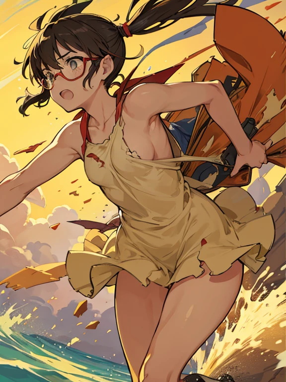 Nudist glasses junior high school running through、make fun and make noise、Severely torn clothes are scattered around、Unstable buoyancy sandstorm、amazing dynamism、great angle、