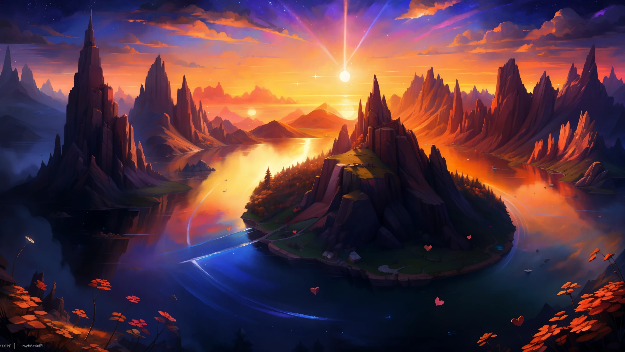 (absurd res), ((ultra high resolution)), (((masterpiece quality))), ((isometric view)), ((breathtaking painstakingly detailed background)), ((impressive lighting)), ((sunset clouds)), ((floating hearts)), ((sparkles)), confetti, sunlight, ⫷|⫸ by foxovh, by sligarthetiger, by cumbread, by gammainks, by seibear, by lollipopcon, by dizzyknight, by greasymojo, by xpray, by roly, by honovy, by taran fiddler, by kenket, by riendonut, by Bayard Wu, by Thomas Benjamin Kennington , by Einshelm, ⫷|⫸ Vast landscape photos，（look from down，Above is the sky，Below are open fields），a girl standing on flower field looking up，（moon full：1.2），（meteors：0.9），（Starcloud：1.3），Far Mountain, Tree BREAK making art，（Warm light source：1.2），（glowworm：1.2），lamp lights，lots of purples and oranges，intricately details，Volumetric lighting BREAK（tmasterpiece：1.2），（best qualtiy），4K，ultra - detailed，（dynamic compositions：1.4），Plenty of detail，plethora of colors，（Irridescent color：1.2），（with light glowing，Atmospheric lighting），dream magical，magical，（独奏：1.2 💥⭕💯💠☾•☾•☾•☾•☾•☾•☾•☾•☾•☾•- INCREDIBLE LANDSCAPE •☾• (absurd res), ((ultra high resolution)), (((masterpiece quality))), ((isometric view)), ((breathtaking painstakingly detailed background)), ((impressive lighting)), ((sunset clouds)), ((floating hearts)), ((sparkles)), confetti, sunlight, ⫷|⫸ by foxovh, by sligarthetiger, by cumbread, by gammainks, by seibear, by lollipopcon, by dizzyknight, by greasymojo, by xpray, by roly, by honovy, by taran fiddler, by kenket, by riendonut, by Bayard Wu, by Thomas Benjamin Kennington , by Einshelm, ⫷|⫸ scenery of a star shining in the sky over a body of water, cosmic skies. by makoto shinkai, makoto shinkai cyril rolando, makoto shinkai. —h 2160, ( ( makoto shinkai ) ), style of makoto shinkai, makoto shinkai!, by Makoto Shinkai, by makoto shinkai
