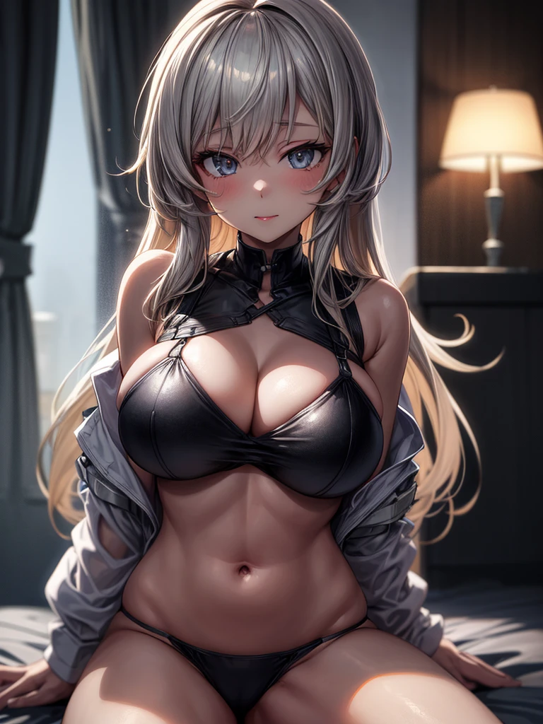 Masterwork, Best Quality, ultra-detailed, dynamic lighting, 8k, photo-realistic, anime girl in a black bikini posing in a dark room, seductive anime girl, thicc, small curvy loli, kantai collection style, from girls frontline, revealing clothes, oppai cyberpunk, breasts covered and sfw, top rated on pixiv, anime moe artstyle, touching her clothes, huge breasts, sexy body,