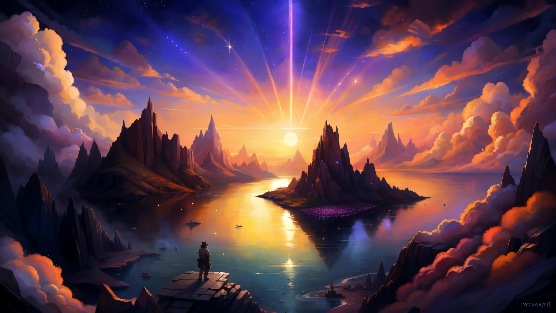 (absurd res), ((ultra high resolution)), (((masterpiece quality))), ((isometric view)), ((breathtaking painstakingly detailed background)), ((impressive lighting)), ((sunset clouds)), ((floating hearts)), ((sparkles)), confetti, sunlight, ⫷|⫸ by foxovh, by sligarthetiger, by cumbread, by gammainks, by seibear, by lollipopcon, by dizzyknight, by greasymojo, by xpray, by roly, by honovy, by taran fiddler, by kenket, by riendonut, by Bayard Wu, by Thomas Benjamin Kennington , by Einshelm, ⫷|⫸ Vast landscape photos,(look from down,Above is the sky,Below are open fields),a girl standing on flower field looking up,(moon full:1.2),(meteors:0.9),(Starcloud:1.3),Far Mountain, Tree BREAK making art,(Warm light source:1.2),(glowworm:1.2),lamp lights,lots of purples and oranges,intricately details,Volumetric lighting BREAK(tmasterpiece:1.2),(best qualtiy),4K,ultra - detailed,(dynamic compositions:1.4),Plenty of detail,plethora of colors,(Irridescent color:1.2),(with light glowing,Atmospheric lighting),dream magical,magical,(独奏:1.2 💥⭕💯💠☾•☾•☾•☾•☾•☾•☾•☾•☾•☾•- INCREDIBLE LANDSCAPE •☾• (absurd res), ((ultra high resolution)), (((masterpiece quality))), ((isometric view)), ((breathtaking painstakingly detailed background)), ((impressive lighting)), ((sunset clouds)), ((floating hearts)), ((sparkles)), confetti, sunlight, ⫷|⫸ by foxovh, by sligarthetiger, by cumbread, by gammainks, by seibear, by lollipopcon, by dizzyknight, by greasymojo, by xpray, by roly, by honovy, by taran fiddler, by kenket, by riendonut, by Bayard Wu, by Thomas Benjamin Kennington , by Einshelm, ⫷|⫸ scenery of a star shining in the sky over a body of water, cosmic skies. by makoto shinkai, makoto shinkai cyril rolando, makoto shinkai. —h 2160, ( ( makoto shinkai ) ), style of makoto shinkai, makoto shinkai!, by Makoto Shinkai, by makoto shinkai