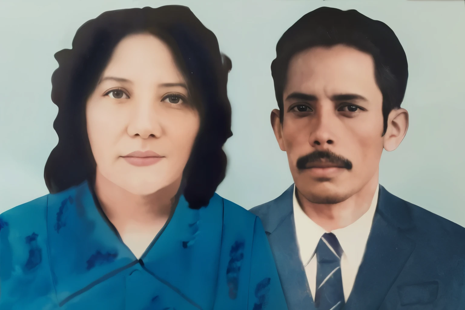 there is a painting of a man and woman in a blue dress, a colorized photo, momma and papa, portrait of two people, couple portrait, colorized photo, potrait, colored photo, photo portrait, colorized photograph, couples portrait, coloured photo, an indonesian family portrait, photo taken in 2 0 2 0, couple, portrait n - 9, photo in color