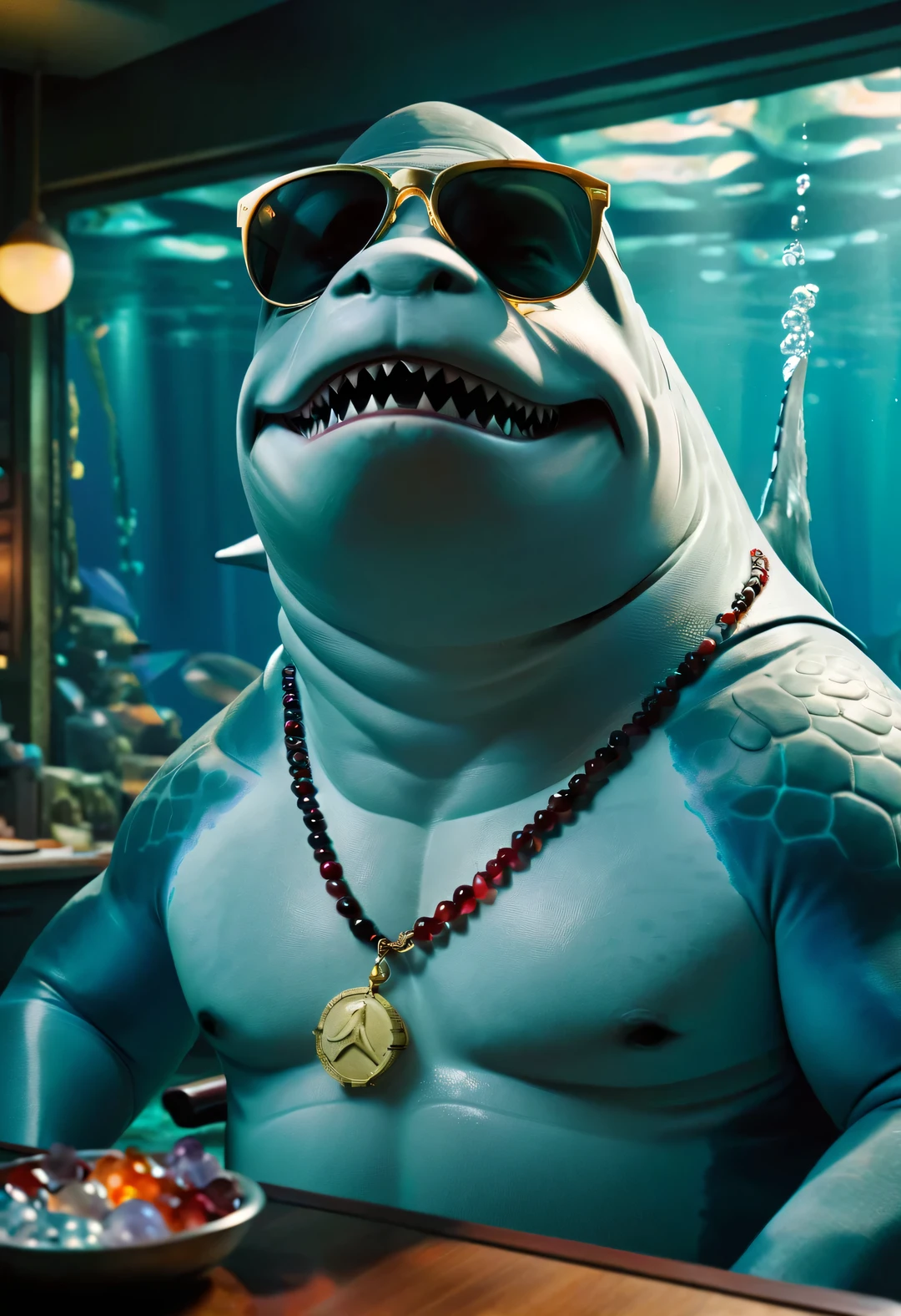 (character idea),Very unified CG design,(The leader of the Jaws gang in Reno wears sunglasses,Smoking a cigar.),(side of body),inspired by animation《shark story》,The Reno great white shark is a giant、majestic great white shark,Wearing a red gemstone necklace and gold sunglasses,His skin is dark blue,Covered with white scars,His eyes are cold silver,Shining with cunning and wisdom, His teeth are very sharp,The tail is thick and powerful,background:Underwater Fairy Tale Office、bank office ,gas coming out of water,bubble,Anthropomorphic cartoon、Pixar、cartoon、disney、