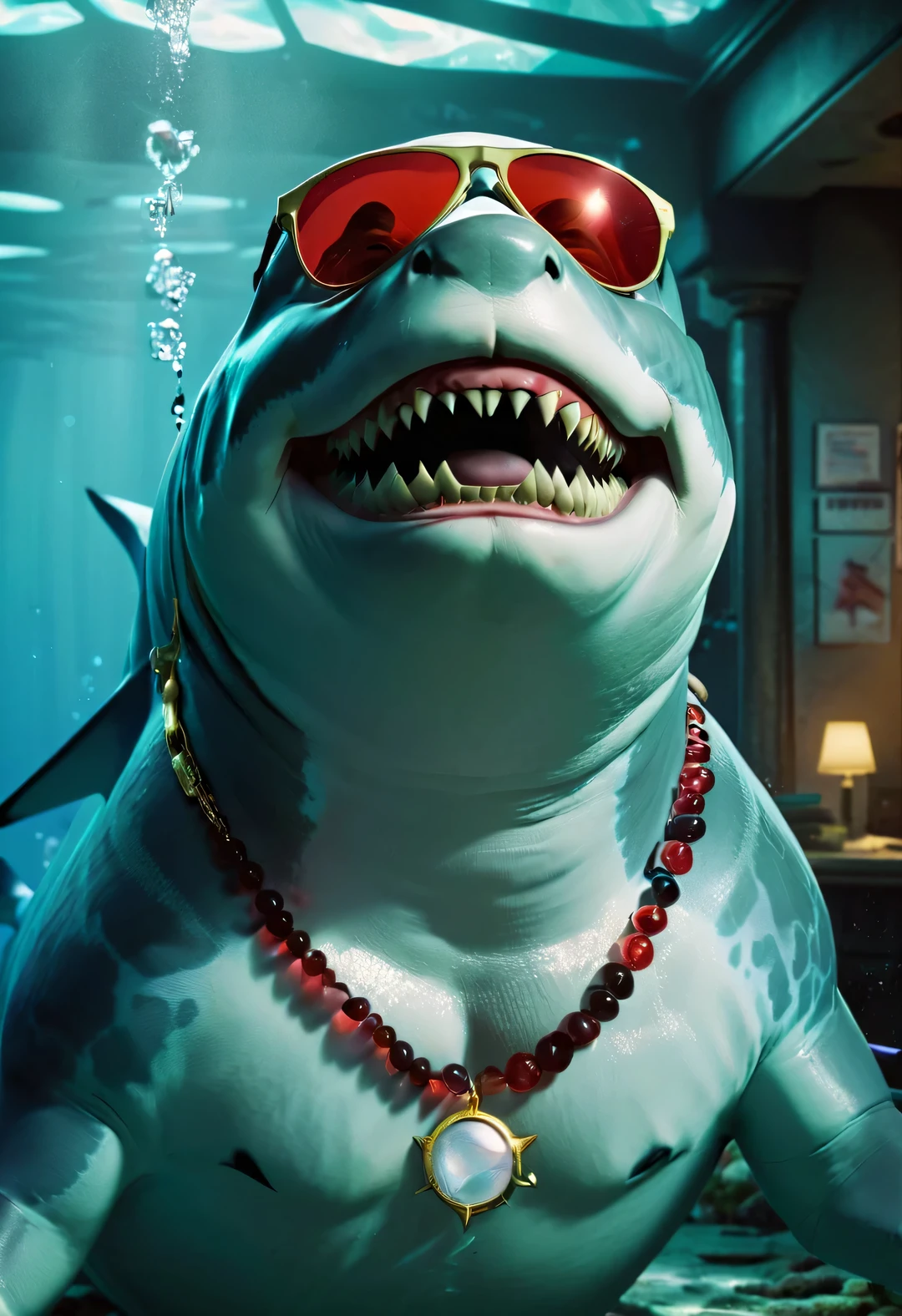 （character idea），Very unified CG design，（The leader of the Jaws gang in Reno wears sunglasses，Smoking a cigar.），（side of body），inspired by animation《shark story》，The Reno great white shark is a giant、majestic great white shark，Wearing a red gemstone necklace and gold sunglasses，His skin is dark blue，Covered with white scars，His eyes are cold silver，Shining with cunning and wisdom, His teeth are very sharp，The tail is thick and powerful，background：Underwater Fairy Tale Office、bank office ，gas coming out of water，bubble，Anthropomorphic cartoon、Pixar、cartoon、disney、