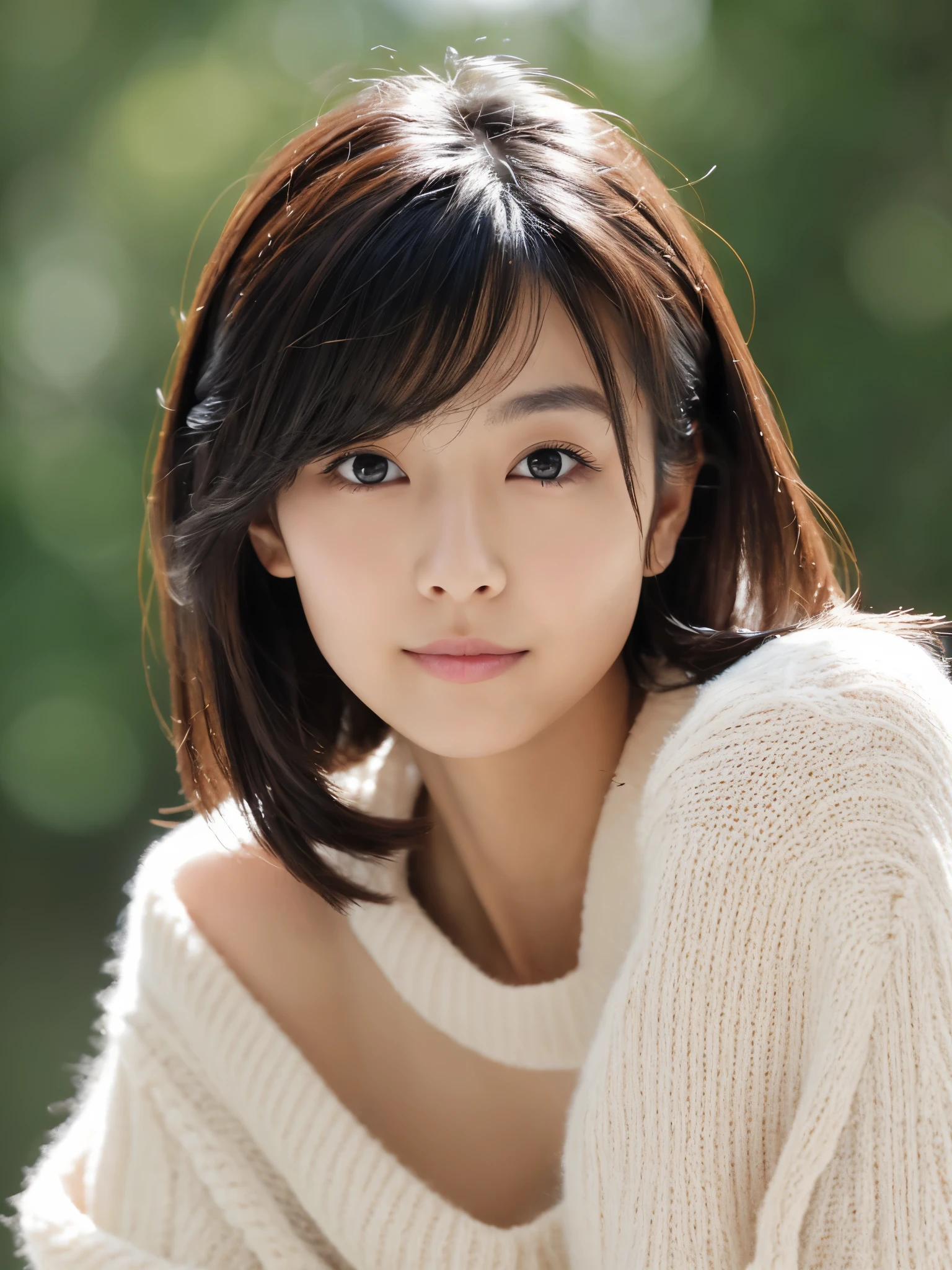 A Japanese lady, skinny figure, small breasts, extremely thin waist, beautiful face, beautiful eyes, natural make up, black hair, knit sweater, winter, 1girl in, solo, detailed face and eyes, detailed fingers and arms. upper-body photo. Realistic, Photorealistic.