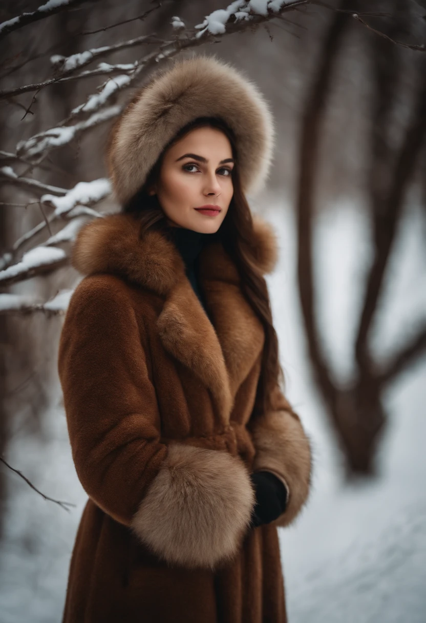 Russian girl, USSR, dark hair, in a mink coat and a fur hat, standing in a winter forest, not at full height, hands in pockets, bagels hanging on her neck, Fluffy mittens, willow branches in his hands