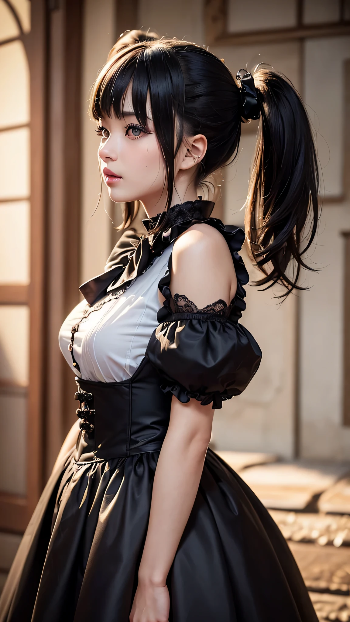 ((masterpiece, Highest quality)), (One girl), (alone), (Focus on women), night (Chainsaw Man),(Highly detailed face, The real picture, Realistic white skin, Realistic body, Intricate details), Upper Body, Severe , Brown eyes, Looking at the audience, bandage over the body, Black Hair, Long sleeve shirt, Pinafore dress, Black tie, bandage, bandage, Small breasts