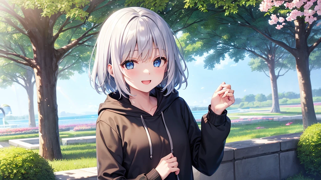 super high quality, with a girl, 20-year-old, very short hair, long bangs between the eyes, pale blue eyes , blue sky, sunlight, very detailed,(masterpiece、highest quality)、alone、gray hair、laughter、White skin as clear as snow、fantasy, silver hair, black eye, beautiful eyes,, ecstasy, charm, be smitten with audience, fantasyな風景、white hoodie、Hoodie with open front、black shirt、fountain in the forest、flower garden、Smile at the sky、I can see the sea、cherry blossoms falling、I can see your chest
