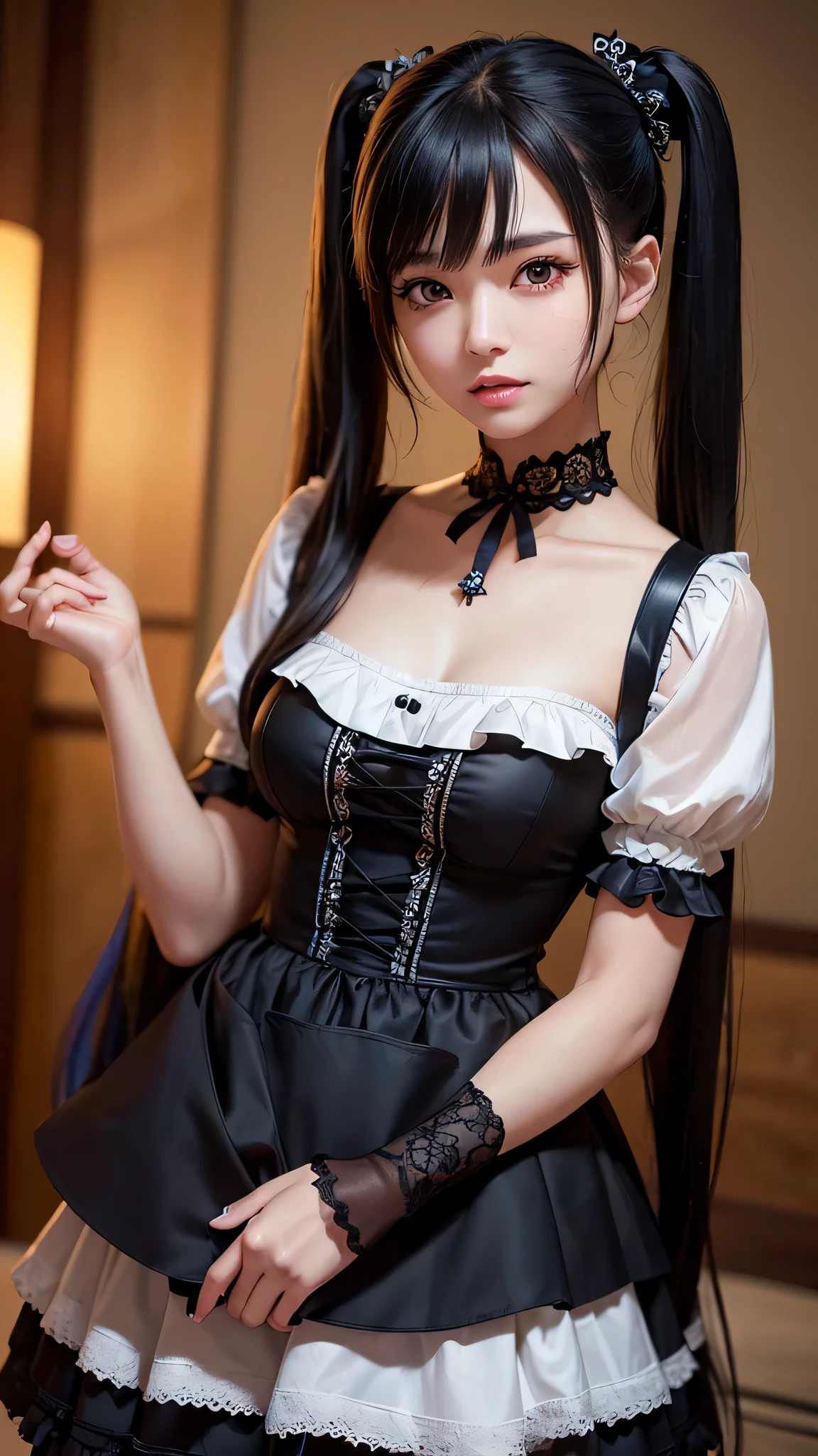 ((top-quality、in 8K、masterpiece:1.3, Photorealsitic:1.4, underground room, Realistic human skin)), standing, full body, Japanese high school girl, 1 female, A dark-haired, With bangs, Medium-sized breasts, ((Gothic lolita, maid clothes, twintails hairstyle, Black eyes)), Highly detailed facial and skin texture, A detailed eye, Detailed lips、Highly detailed hair depiction, Natural makeup:1.2