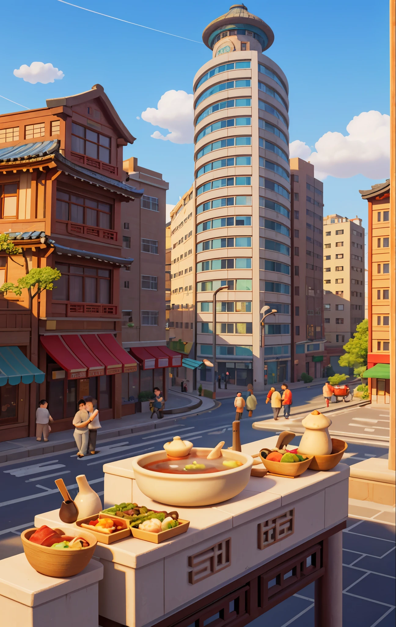 masterpiece,best quality,Realistic outdoor scene,,food street,Chinese modern city street,undulating streets,street with stairs,Department of Healing,Hot pot restaurant,Soft lighting,Beautiful illustrations,Blue sky and white clouds,Pixar,Modern high-rise buildings and Chinese architecture