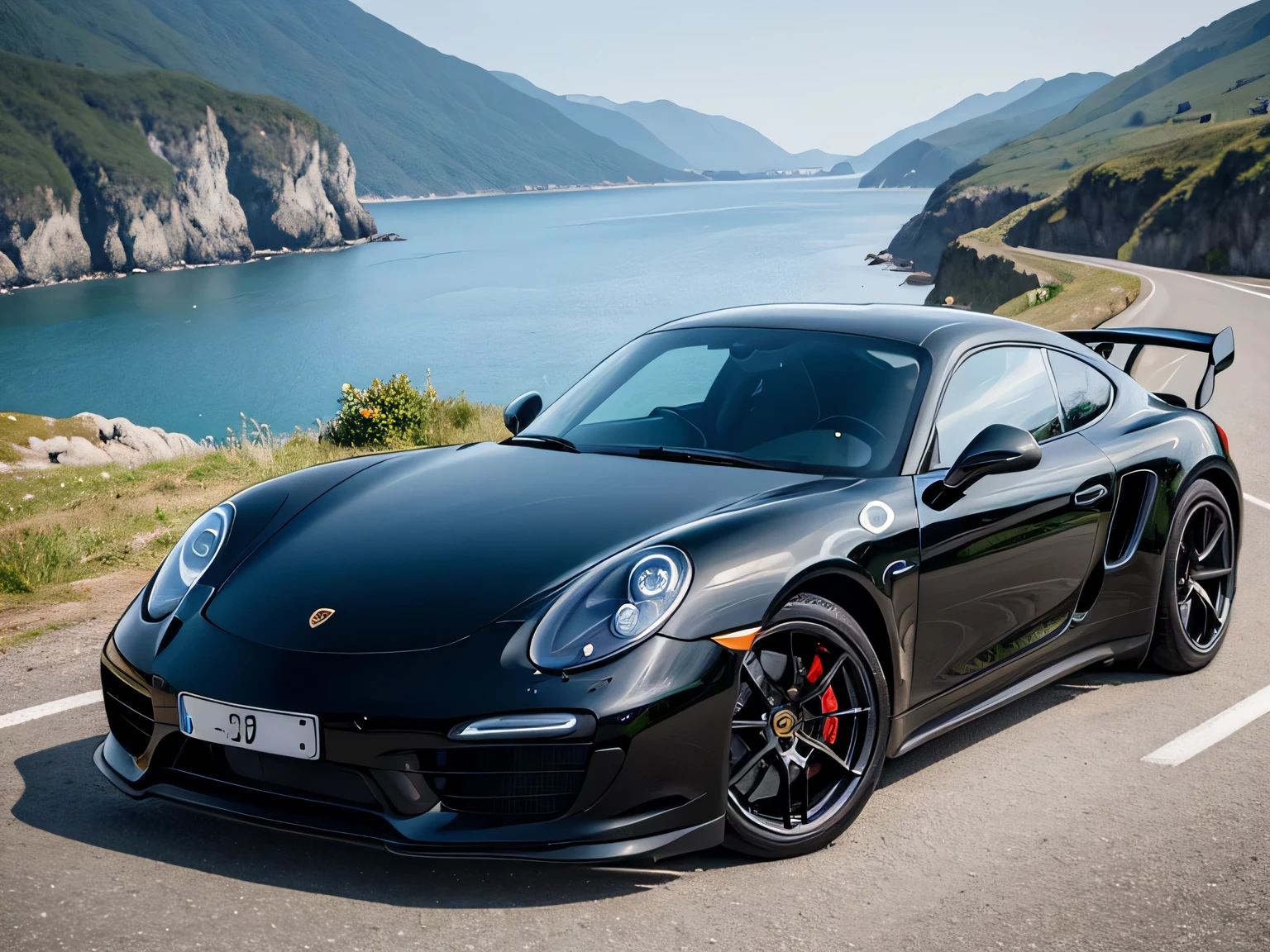 ultra high resolution、super high quality、8K、Wonderful expression with attention to detail、early summer coastline、A black metallic sports car stopped at a mountain pass.porsche 954 turbo　