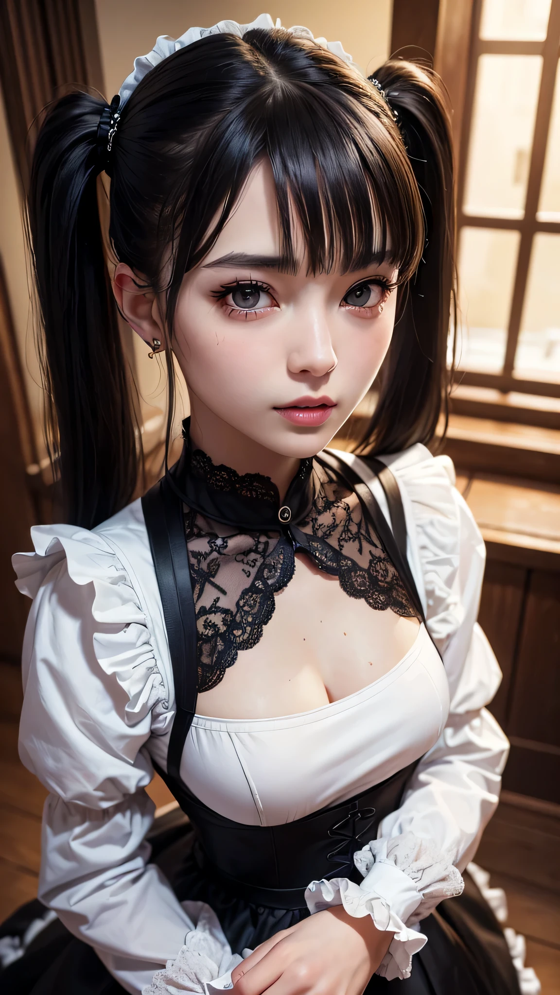 ((top-quality、in 8K、masterpiece:1.3, Photorealsitic:1.4, underground room, Realistic human skin)), standing, full body, Japanese high school girl, 1 female, A dark-haired, With bangs, Medium-sized breasts, ((Gothic lolita, maid clothes, twintails hairstyle, Black eyes)), Highly detailed facial and skin texture, A detailed eye, Detailed lips、Highly detailed hair depiction, Natural makeup:1.2