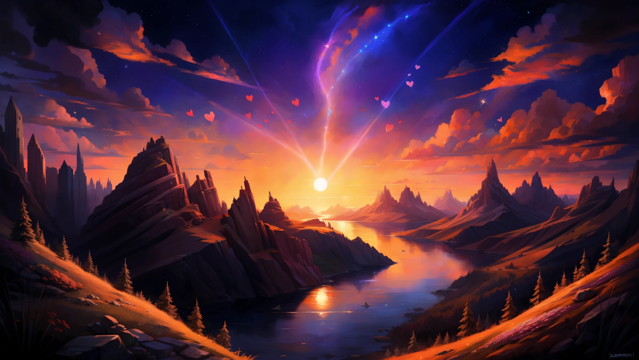 (absurd res), ((ultra high resolution)), (((masterpiece quality))), ((isometric view)), ((breathtaking painstakingly detailed background)), ((impressive lighting)), ((sunset clouds)), ((floating hearts)), ((sparkles)), confetti, sunlight, ⫷|⫸ by foxovh, by sligarthetiger, by cumbread, by gammainks, by seibear, by lollipopcon, by dizzyknight, by greasymojo, by xpray, by roly, by honovy, by taran fiddler, by kenket, by riendonut, by Bayard Wu, by Thomas Benjamin Kennington , by Einshelm, ⫷|⫸ Vast landscape photos，（look from down，Above is the sky，Below are open fields），a girl standing on flower field looking up，（moon full：1.2），（meteors：0.9），（Starcloud：1.3），Far Mountain, Tree BREAK making art，（Warm light source：1.2），（glowworm：1.2），lamp lights，lots of purples and oranges，intricately details，Volumetric lighting BREAK（tmasterpiece：1.2），（best qualtiy），4K，ultra - detailed，（dynamic compositions：1.4），Plenty of detail，plethora of colors，（Irridescent color：1.2），（with light glowing，Atmospheric lighting），dream magical，magical，（独奏：1.2 💥⭕💯💠☾•☾•☾•☾•☾•☾•☾•☾•☾•☾•- INCREDIBLE LANDSCAPE •☾• (absurd res), ((ultra high resolution)), (((masterpiece quality))), ((isometric view)), ((breathtaking painstakingly detailed background)), ((impressive lighting)), ((sunset clouds)), ((floating hearts)), ((sparkles)), confetti, sunlight, ⫷|⫸ by foxovh, by sligarthetiger, by cumbread, by gammainks, by seibear, by lollipopcon, by dizzyknight, by greasymojo, by xpray, by roly, by honovy, by taran fiddler, by kenket, by riendonut, by Bayard Wu, by Thomas Benjamin Kennington , by Einshelm, ⫷|⫸ scenery of a star shining in the sky over a body of water, cosmic skies. by makoto shinkai, makoto shinkai cyril rolando, makoto shinkai. —h 2160, ( ( makoto shinkai ) ), style of makoto shinkai, makoto shinkai!, by Makoto Shinkai, by makoto shinkai
