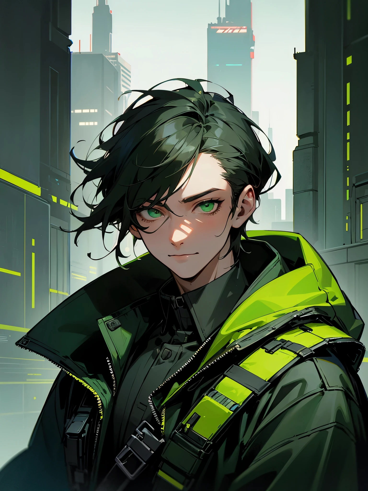masterpiece, high detailed eyes, high detailed clothes, depressive, sci-fi, cyberpunk, anti-utopia, 1boy, man, solo, portrait, (green eyes), black hair, light green unbuttoned military coat with a hood behind the head, green hood thrown back over the head, comic face, comic smile on the face, cyborg, cyberpunk style, green dark lighting, techwear clothes, city background