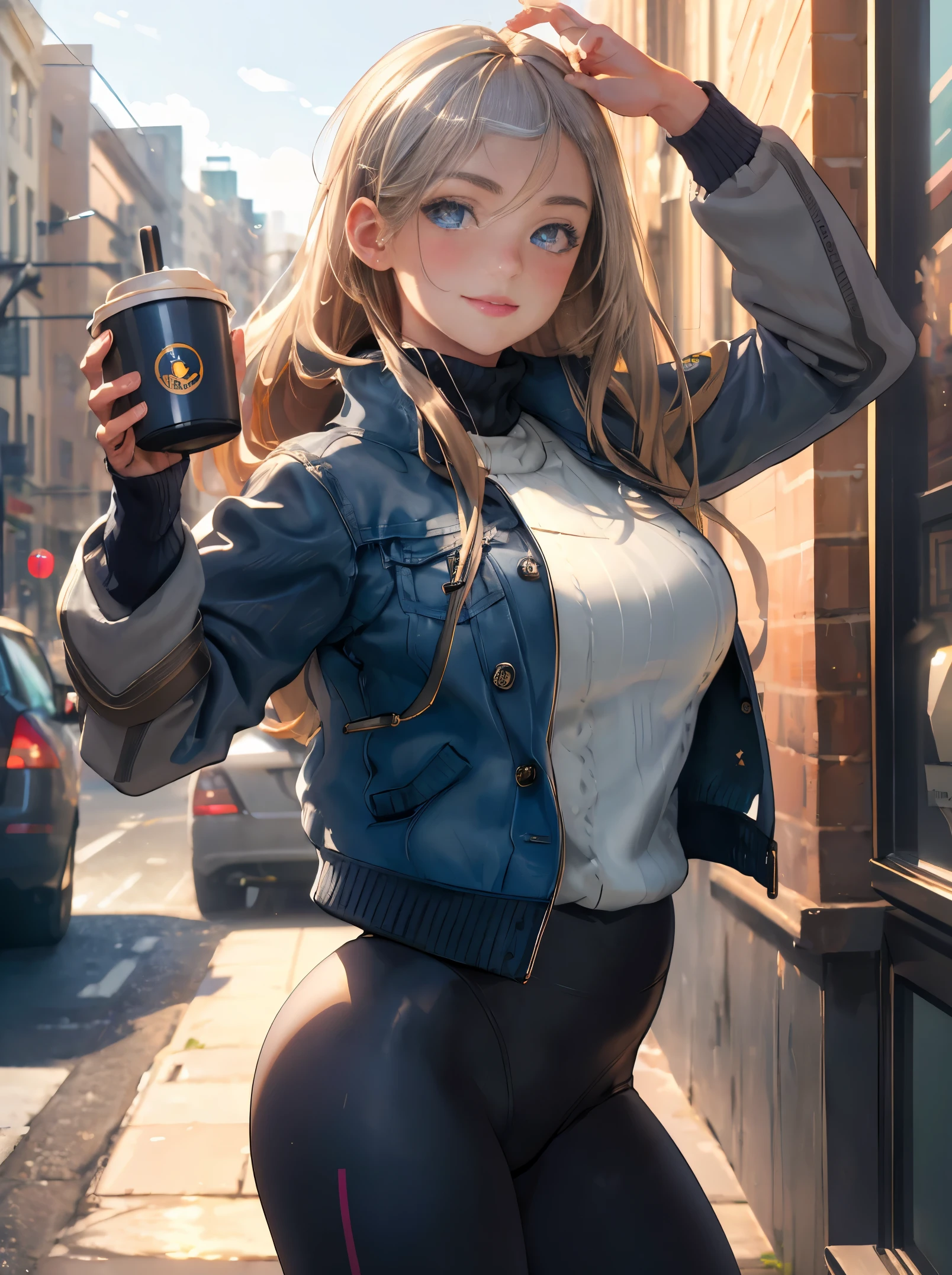 (masterpiece, best quality:1.4),  (modern days), (cowboy shot), 1girl, solo, pov, sfw,

stunning girlfriend, (standing:1.1), dynamic pose, (white oversized sweater, knit sweater:1.4), (tight yoga pants, dark grey yoga pants:1.4), (short navy blue jacket, denim jacket:1.4), long blonde hair, swept bangs, heart shaped face, elegant face, beautiful face, highly detailed face, highly detailed skin, skin pores, subsurface scattering, (detailed blue eyes), realistic pupils, large breast, loving smile, looking at viewer, full face blush, full lips, holding a single coffee cup, centered,

coffee shop in background, city street, sunny day, wind, detailed background, depth of field, atmospheric perspective, volumetric lighting, sharp focus,

absurdres, realistic proportions, good anatomy, (realistic, hyperrealistic:1.4), 16k hdr,