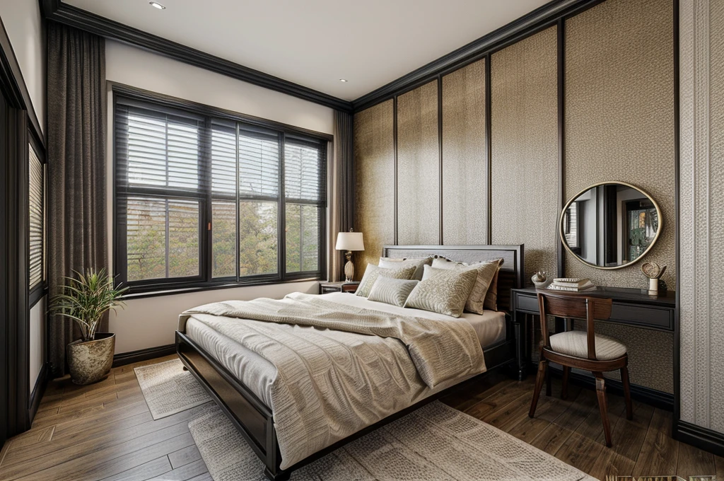 indochine bedroom interior design, a bedroom with bed, (|art canvas art paintings| on wall bed) lamp, rug, potted plant, pillow, bench, wood floor, black wood furnitures, picture frame, day, 8k uhd, dslr, soft lighting, high quality, film grain, Fujifilm XT3,  The ambient lighting highlights the textures and details, creating a stock photo-like atmosphere, (((Best Quality))), ((Masterpiece)), ((best illustration)), ((best shadows)), ((Super Detail)), (Intricate lines), (Photorealism),(hyper detail), ((archdaily)), ((award winning design)), (dynamic light), ((day)), (perfect light), (shimering light), (hidden light), ((photorealistic)), ((FKAA, TXAA, RTX, SSAO)), ((Post Processing)), ((Post-Production)), ((CGI, VFX, SFX)), ((Full color)) ,((Unreal Engine 5)), ((intricate detail)), ((extreme detail)), ((science)), ((hyper-detail)), ((super detail)), ((super realistic)), ((crazy detail)), ((octane render)), ((Cinematic)), ((trending on artstation)), ((High-fidelity)), ((Viwvid)), ((Crisp)), ((Bright)), ((Stunning)), ((Eye-catching)), ((High-quality)),((Sharp))((Bright)), ((Stunning)), Natural, ((Eye-catching)), ((Illuminating)), ((Flawless)), ((High-quality)),((Sharp edge render)), ((medium soft lighting)), ((photographic render)), ((detailed archviz))