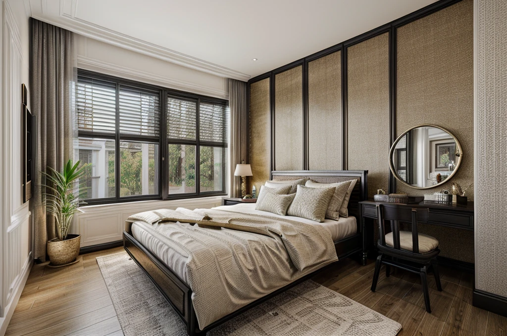 indochine bedroom interior design, a bedroom with bed, (|art canvas art paintings| on wall bed) lamp, rug, potted plant, pillow, bench, wood floor, black wood furnitures, picture frame, day, 8k uhd, dslr, soft lighting, high quality, film grain, Fujifilm XT3,  The ambient lighting highlights the textures and details, creating a stock photo-like atmosphere, (((Best Quality))), ((Masterpiece)), ((best illustration)), ((best shadows)), ((Super Detail)), (Intricate lines), (Photorealism),(hyper detail), ((archdaily)), ((award winning design)), (dynamic light), ((day)), (perfect light), (shimering light), (hidden light), ((photorealistic)), ((FKAA, TXAA, RTX, SSAO)), ((Post Processing)), ((Post-Production)), ((CGI, VFX, SFX)), ((Full color)) ,((Unreal Engine 5)), ((intricate detail)), ((extreme detail)), ((science)), ((hyper-detail)), ((super detail)), ((super realistic)), ((crazy detail)), ((octane render)), ((Cinematic)), ((trending on artstation)), ((High-fidelity)), ((Viwvid)), ((Crisp)), ((Bright)), ((Stunning)), ((Eye-catching)), ((High-quality)),((Sharp))((Bright)), ((Stunning)), Natural, ((Eye-catching)), ((Illuminating)), ((Flawless)), ((High-quality)),((Sharp edge render)), ((medium soft lighting)), ((photographic render)), ((detailed archviz))