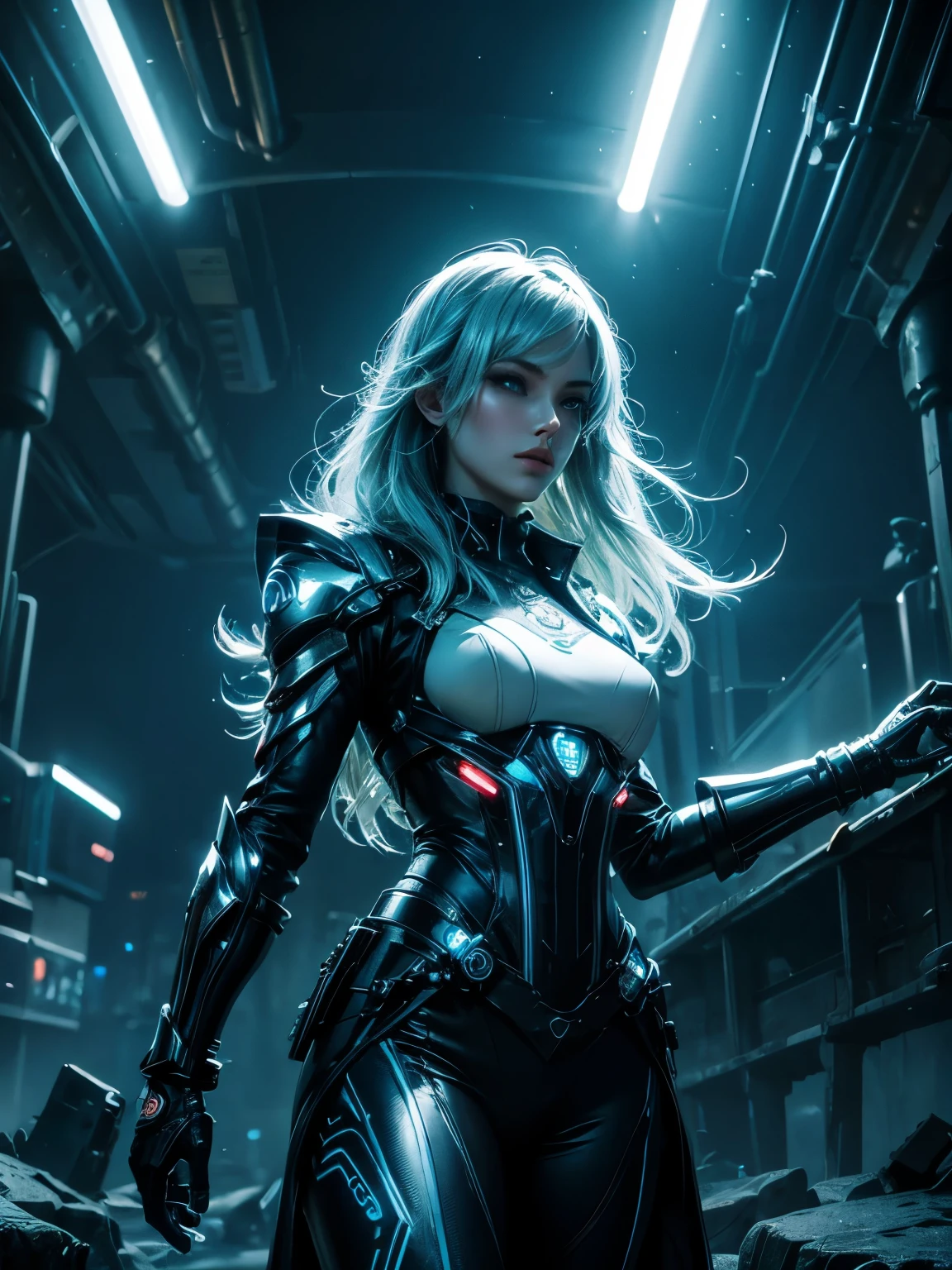 (best quality), (high detail), (perfect body), (beautiful face), (1girl), A beautiful goddess of lightening, (neon electric blue 1:1), (neon yellow 2:1), lightening, descending through dark clouds, HDR, UHD, 4K, 3D.