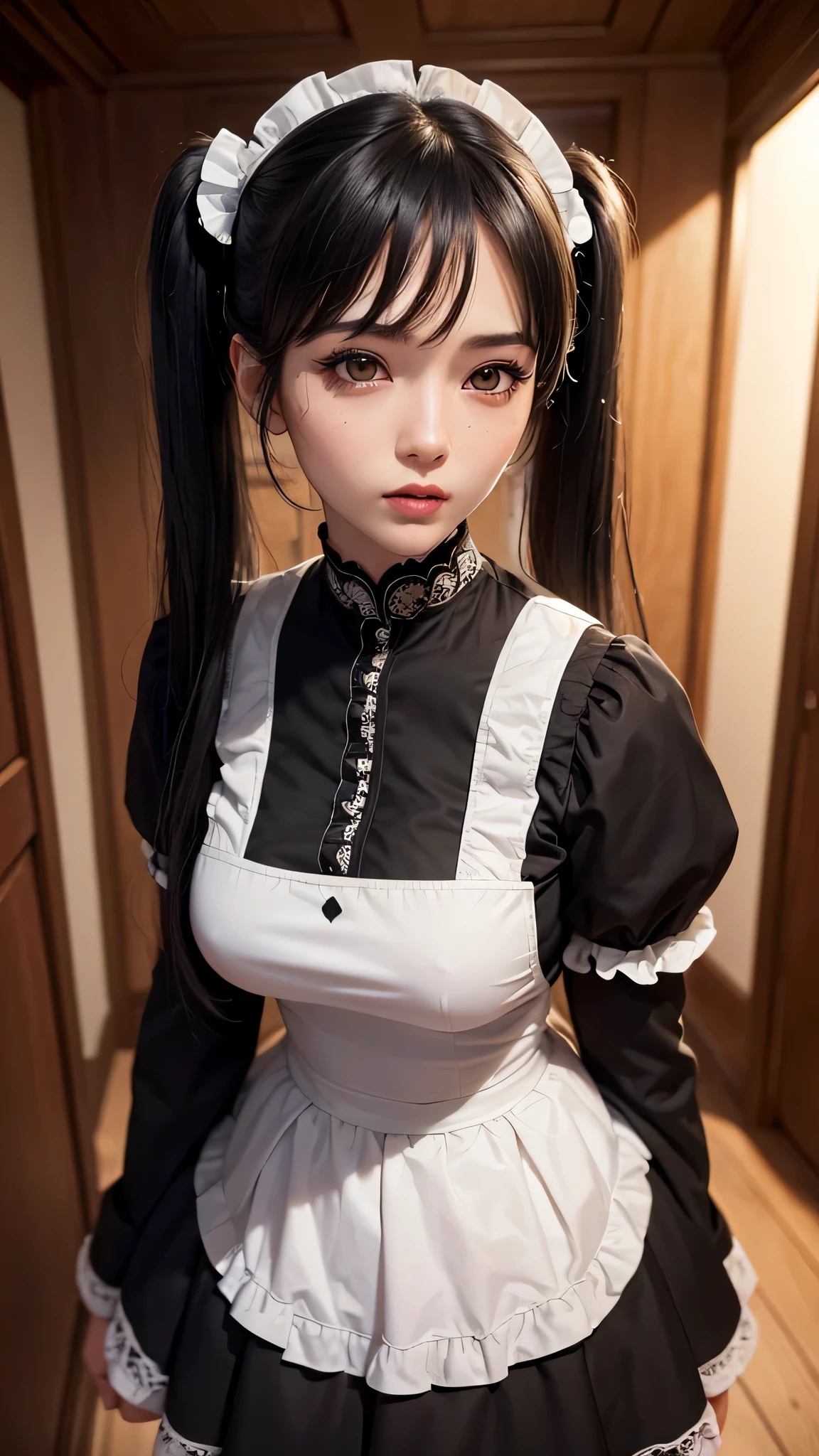 ((top-quality、in 8K、masterpiece:1.3, Photorealsitic:1.4, underground room, Realistic human skin)), standing, full body, Japanese high school girl, 1 female, A dark-haired, With bangs, Medium-sized breasts, ((Gothic lolita, maid clothes, twintails hairstyle, Black eyes)), Highly detailed facial and skin texture, A detailed eye, Detailed lips、Highly detailed hair depiction, Natural makeup:1.2
