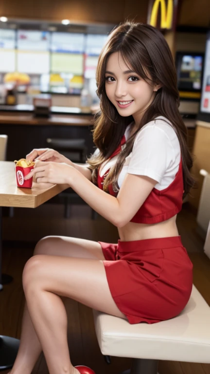 table top, highest quality, realistic, Super detailed, finely,( High resolution),( 8K)、 1 beautiful woman,, (Full body to toes:1.4)、(side shot)、(Side view)、light brown messy hair、 ((McDonald's clerk))、((red mcdonalds uniform))、(red color short mini skirt), perfect dynamic composition, beautiful and detailed eyes, thin hair, Detailed realistic skin texture, (toothy smile)、 model body shape、(big breasts、big ass)、(wearing high heels)、sitting in a chair、、(sexy pose、