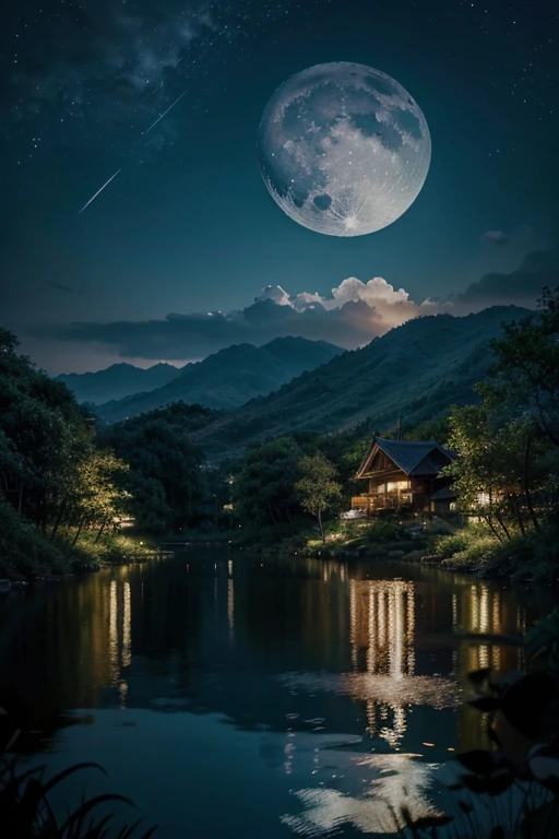 night scene with some house asian, vietnam, viet nam, ha giang, moon, lake in the foreground, calm night, green and blue, digital illustration, 4k highly detailed digital art, night scenery, anime art wallpaper 4k, anime art wallpaper 4 k, 4k detailed digital art, nighttime nature landscape, anime art wallpaper 8 k, background artwork, beautiful art uhd 4 k, 4 k hd illustrative wallpaper