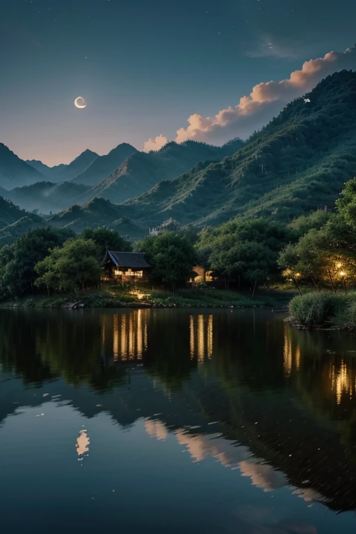 night scene with some house asian, vietnam, viet nam, ha giang, moon, lake in the foreground, calm night, green and blue, digital illustration, 4k highly detailed digital art, night scenery, anime art wallpaper 4k, anime art wallpaper 4 k, 4k detailed digital art, nighttime nature landscape, anime art wallpaper 8 k, background artwork, beautiful art uhd 4 k, 4 k hd illustrative wallpaper