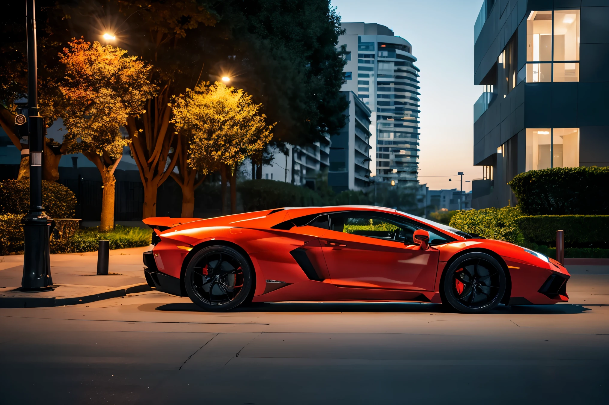 Photo of a bright red Lamborghini Aventador detailed description realistic and three-dimensional super high quality ultra high resolution Street parking in front of the entrance of a super luxury condominium. very stylish lighting Stylish street tree havre exterior wall beautiful sunset (Shooting from the side) From dusk to night
