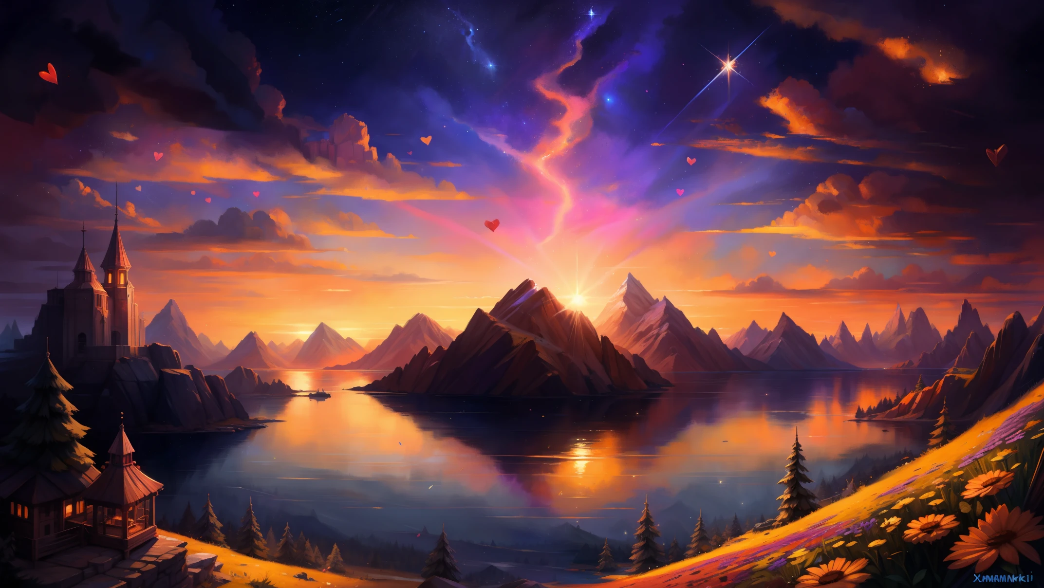 (absurd res), ((ultra high resolution)), (((masterpiece quality))), ((isometric view)), ((breathtaking painstakingly detailed background)), ((impressive lighting)), ((sunset clouds)), ((floating hearts)), ((sparkles)), confetti, sunlight, ⫷|⫸ by foxovh, by sligarthetiger, by cumbread, by gammainks, by seibear, by lollipopcon, by dizzyknight, by greasymojo, by xpray, by roly, by honovy, by taran fiddler, by kenket, by riendonut, by Bayard Wu, by Thomas Benjamin Kennington , by Einshelm, ⫷|⫸ Vast landscape photos,(look from down,Above is the sky,Below are open fields),a girl standing on flower field looking up,(moon full:1.2),(meteors:0.9),(Starcloud:1.3),Far Mountain, Tree BREAK making art,(Warm light source:1.2),(glowworm:1.2),lamp lights,lots of purples and oranges,intricately details,Volumetric lighting BREAK(tmasterpiece:1.2),(best qualtiy),4K,ultra - detailed,(dynamic compositions:1.4),Plenty of detail,plethora of colors,(Irridescent color:1.2),(with light glowing,Atmospheric lighting),dream magical,magical,(独奏:1.2 💥⭕💯💠☾•☾•☾•☾•☾•☾•☾•☾•☾•☾•- INCREDIBLE LANDSCAPE •☾• (absurd res), ((ultra high resolution)), (((masterpiece quality))), ((isometric view)), ((breathtaking painstakingly detailed background)), ((impressive lighting)), ((sunset clouds)), ((floating hearts)), ((sparkles)), confetti, sunlight, ⫷|⫸ by foxovh, by sligarthetiger, by cumbread, by gammainks, by seibear, by lollipopcon, by dizzyknight, by greasymojo, by xpray, by roly, by honovy, by taran fiddler, by kenket, by riendonut, by Bayard Wu, by Thomas Benjamin Kennington , by Einshelm, ⫷|⫸ scenery of a star shining in the sky over a body of water, cosmic skies. by makoto shinkai, makoto shinkai cyril rolando, makoto shinkai. —h 2160, ( ( makoto shinkai ) ), style of makoto shinkai, makoto shinkai!, by Makoto Shinkai, by makoto shinkai, male white wolf, wide hips,