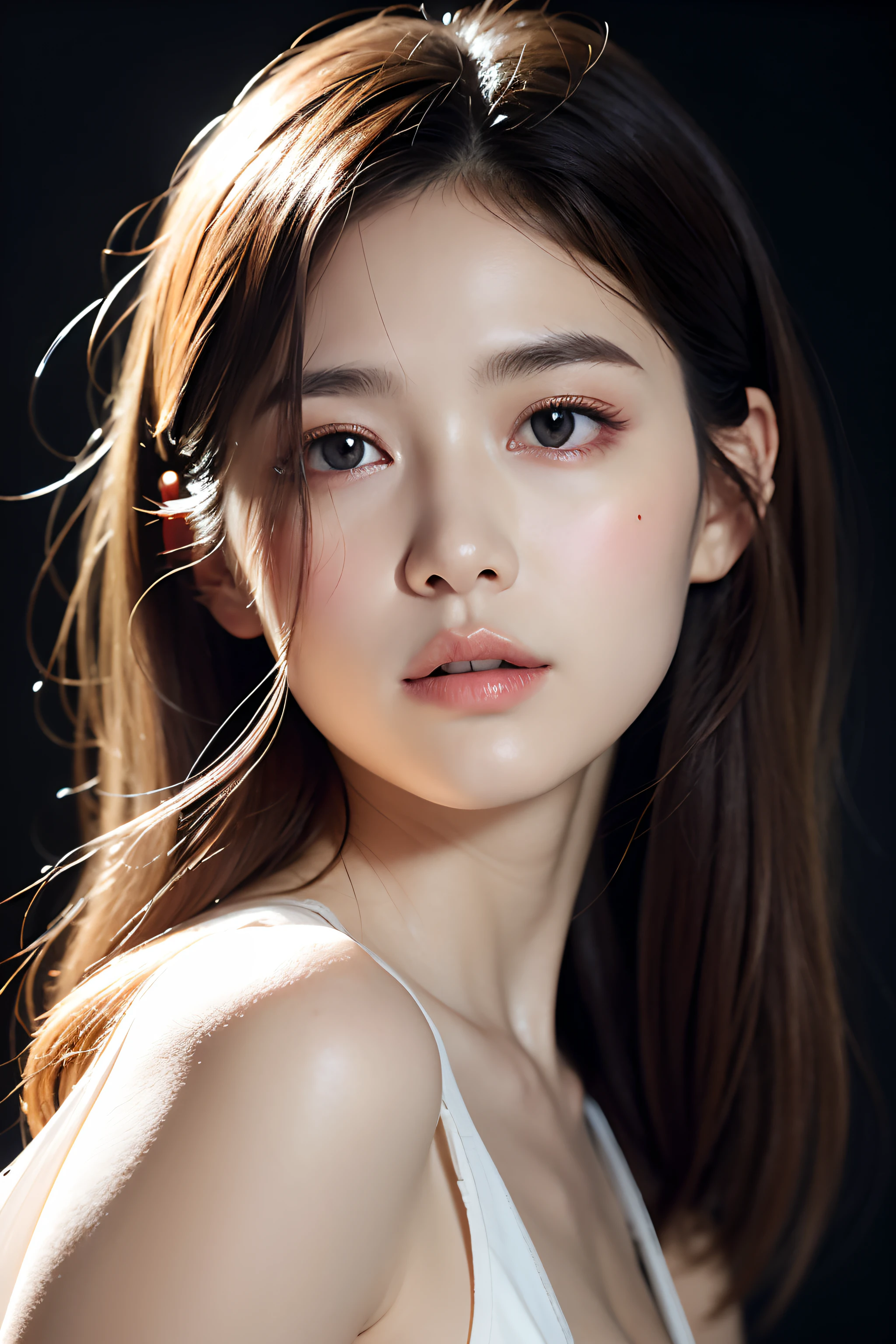 (Masseter muscle film), realistically, photorealism, a girl, solo,white shirt、beautiful face、beautiful eyes、beautiful hair、open lips, detailed, skin textures, realistic skin textures,Half-length photo、 dark background,soft light、Oil painting background、