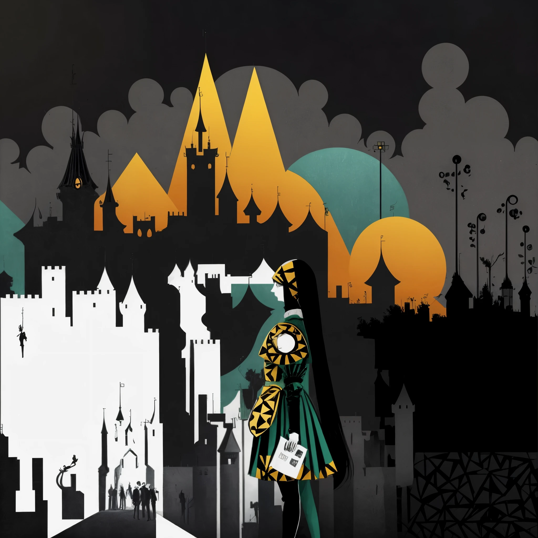 (((masterpiece))), A harlequin in a green outfit stands in front of the castle, dark high-contrast concept art, magical twist, disney 2d, Concept art for cinema, arlecchino, zany, crowd of people on the sides, medieval castle, fantasy, Silhouettes of people, surrealism, surreal sky, sunset, red shadows, Castle in the background, black and white aura, in detail, (flat_color:1.4), (Geometric pattern:1.4), modernism, and minimalism, city with many details,