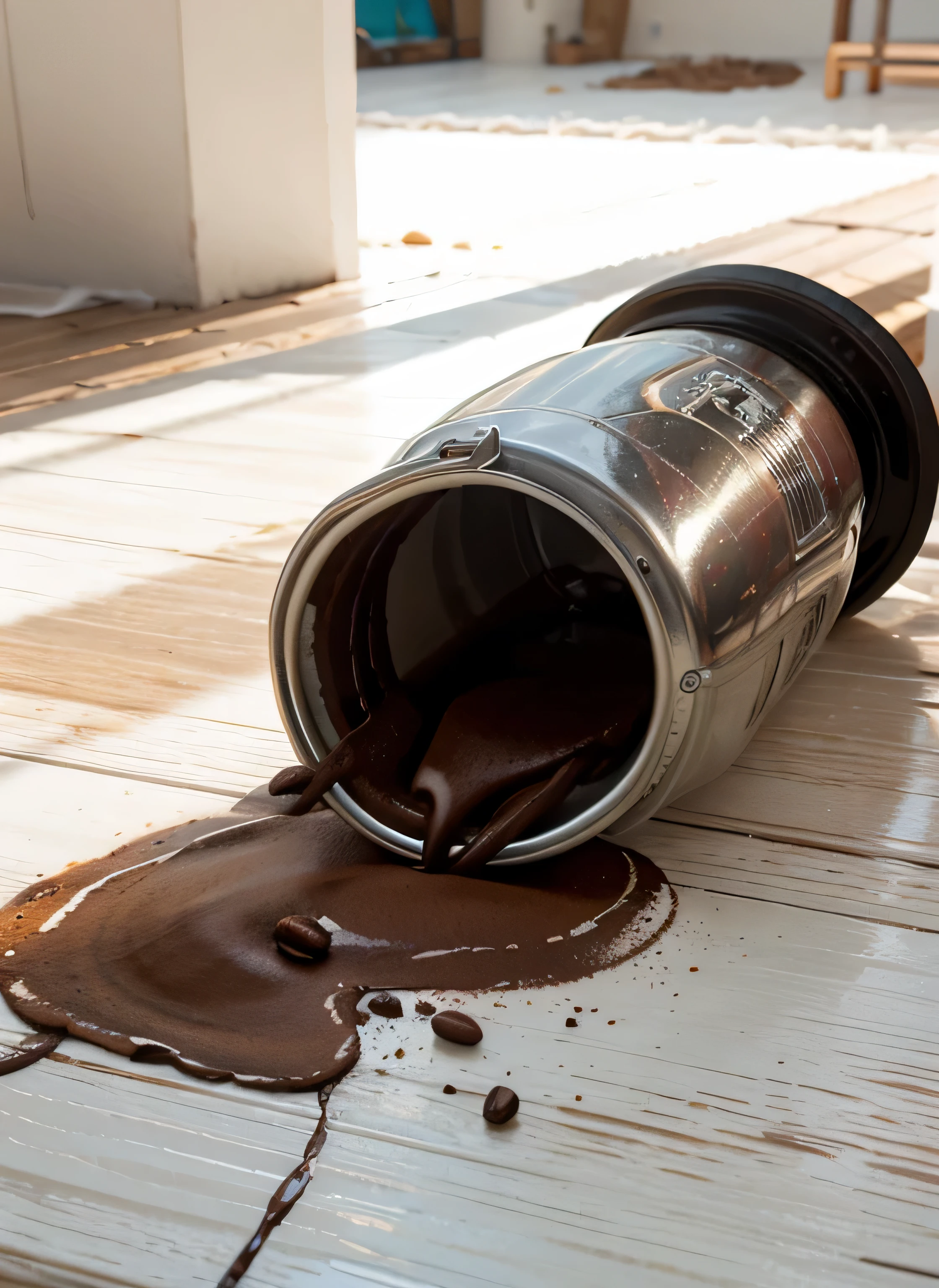 can of coffee lying on a white table, spilled, photorealistic, dinamic light