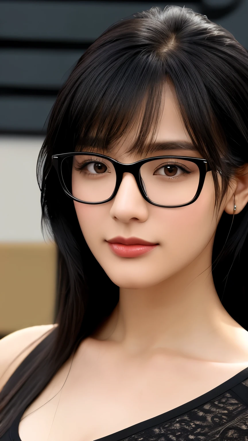  face , black hair, black rectangle glasses 