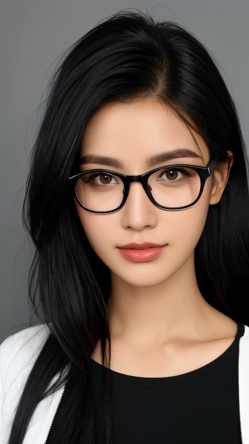 face , black hair, black rectangle glasses