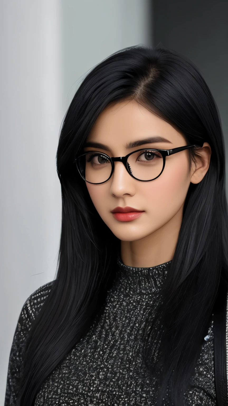 face , black hair, black rectangle glasses