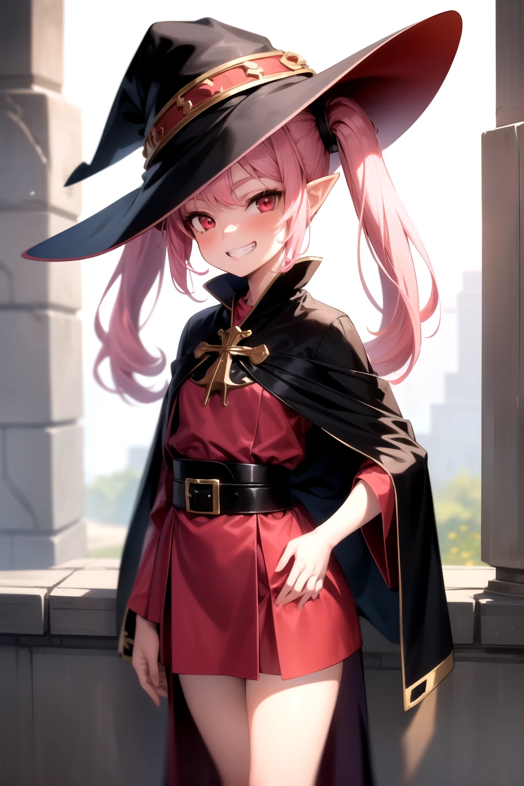 1girl,(loli:1.4),mage robe,mage hat, elf,twin tail, pink hair,red eyes,standing ,grin,