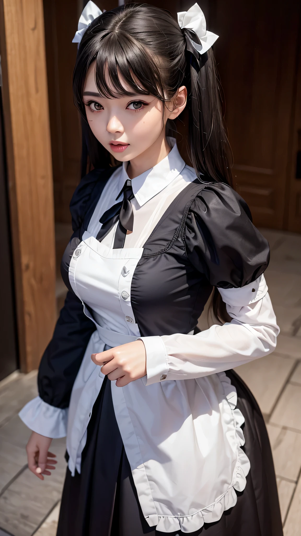 ((top-quality、in 8K、​masterpiece:1.3, Photorealsitic:1.4, underground room, Realistic human skin)), standing, full body, Japanese high school  girl, 1 female, A dark-haired, With bangs, Medium-sized breasts, ((Gothic lolita, maid clothes, twintails hairstyle, Black eyes)), Highly detailed facial and skin texture, A detailed eye, Detailed lips、Highly detailed hair depiction, Natural makeup:1.2