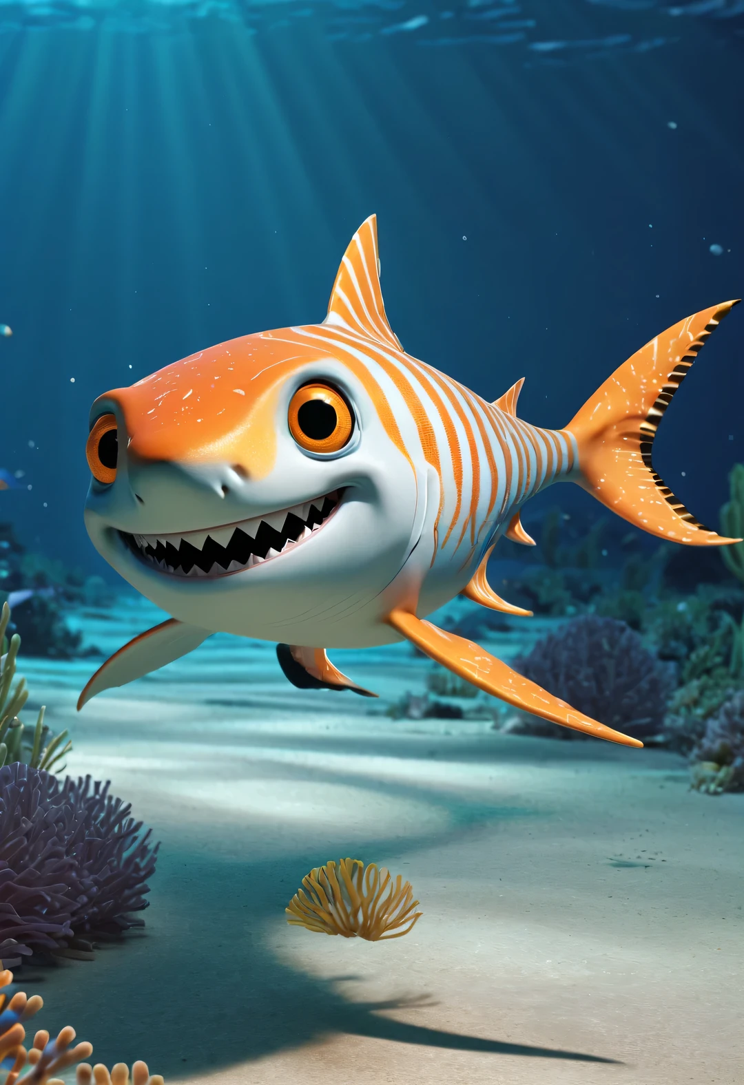 （character idea），Very unified CG design，，Oscar is a very small fish，The body is silver，with orange stripes，The mouth is also small，His eyes were big and bright，Always sparkling with wisdom and curiosity，His tail is very strong，。His eyes are sharp and alert，The orange stripes on the body are more vivid，Oscar is a very unique and interesting person，inspired by《shark tale》